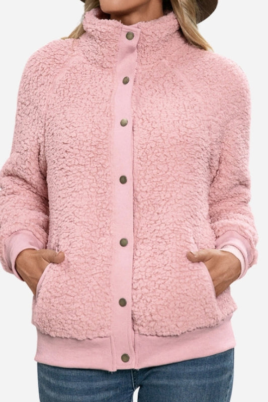 Snug Long-Sleeve Sherpa Button-Up Coat