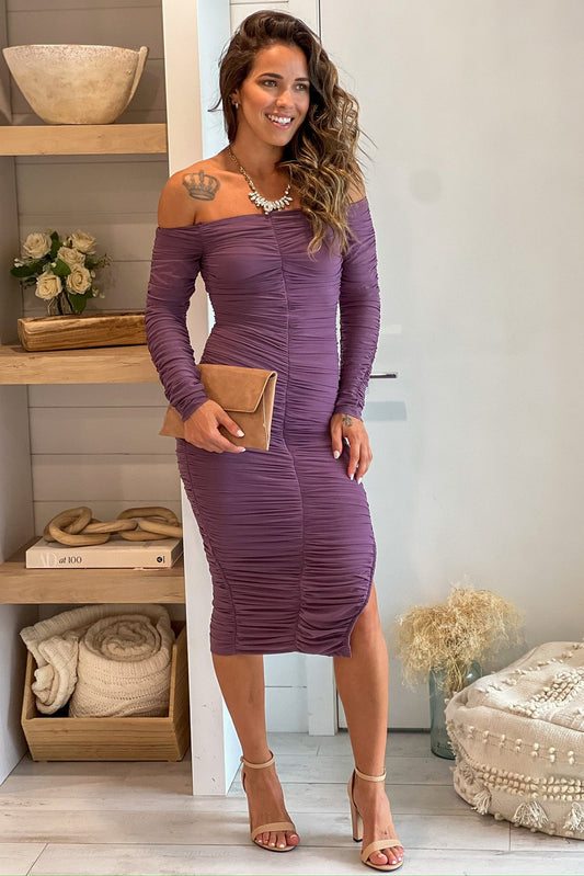 Dark Lavender Off Shoulder Mesh Midi Dress