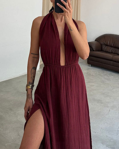 Elegant slit strappy cotton and linen dress