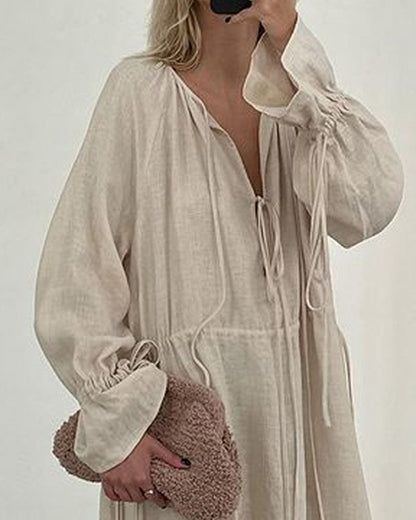 Robe décontractée en coton et lin ample à lacets 