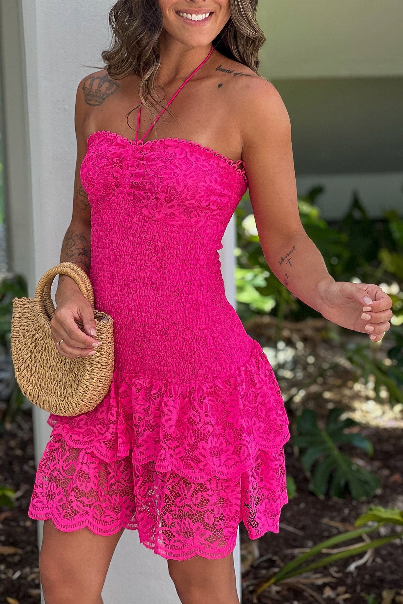 Fuchsia Lace Smocked Dress With Tiered Skirt