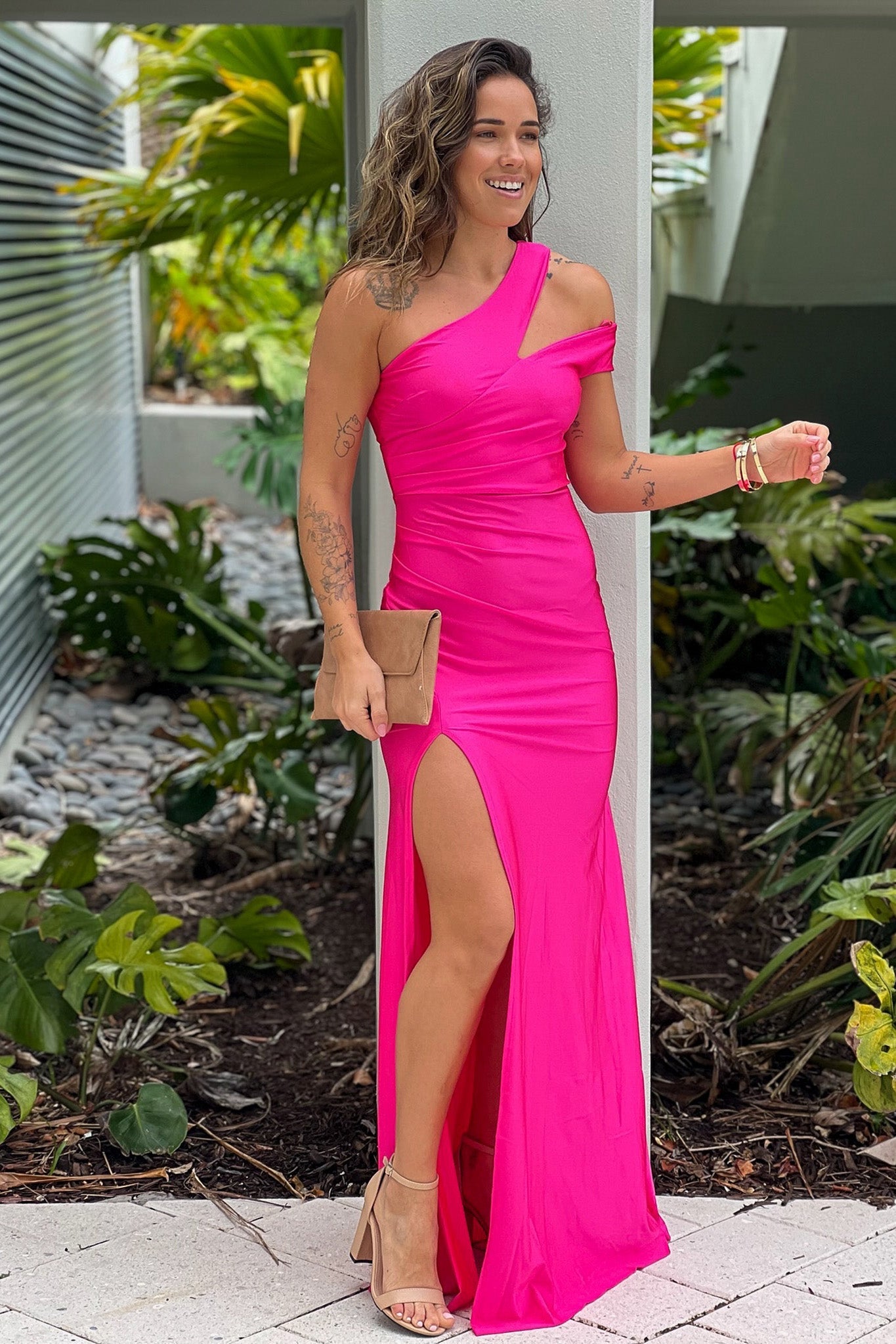 Fuchsia One Shoulder Maxi Dress With Cut Out And Slit