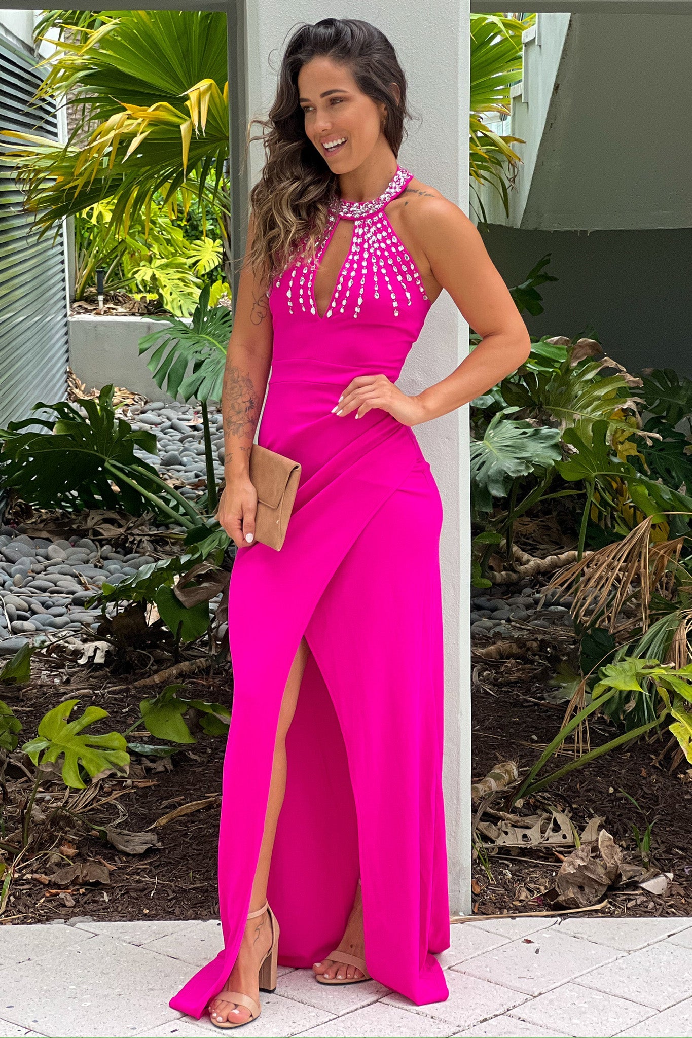 Hot Pink Halter Neck Maxi Dress With Rhinestone