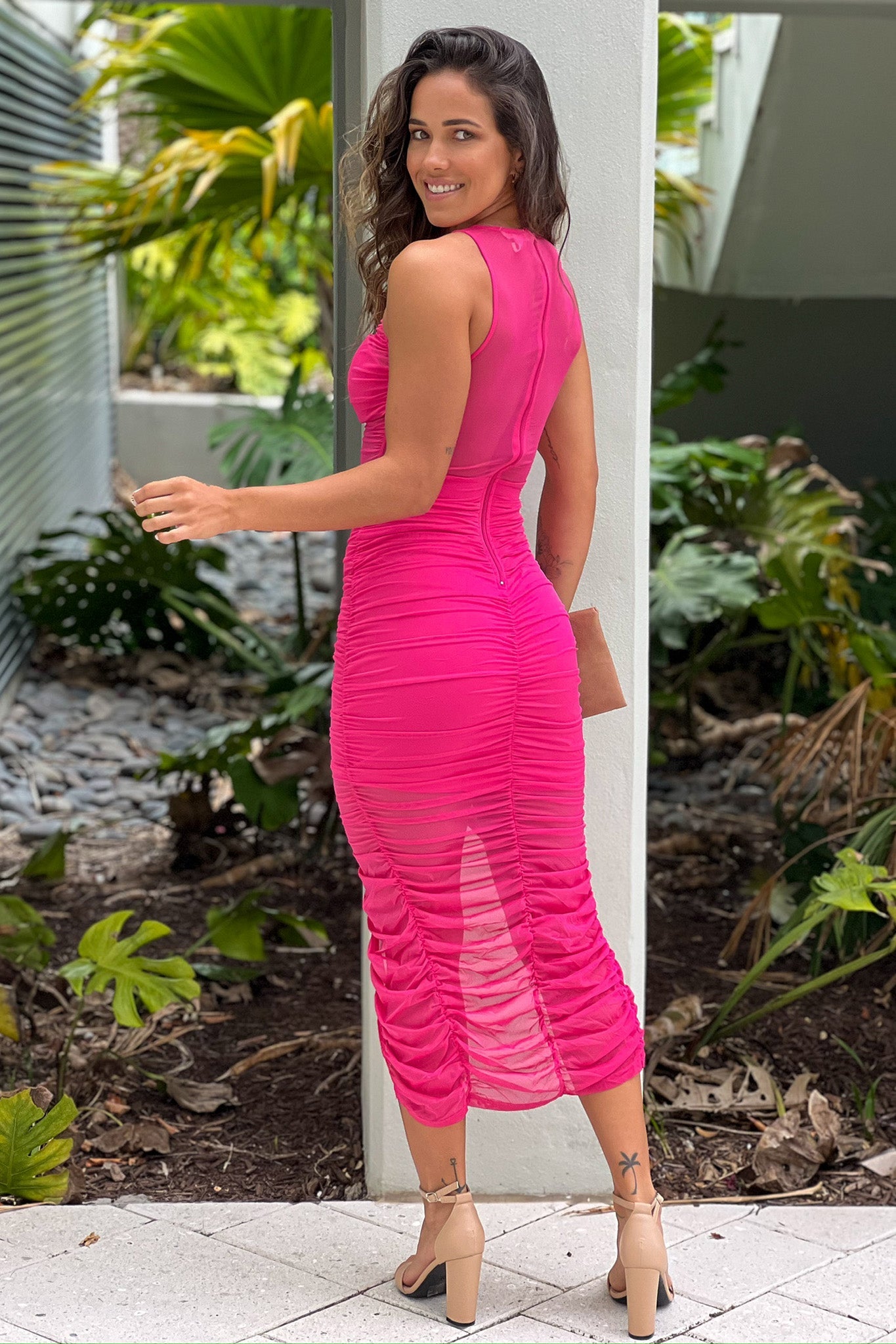 Hot Pink Mesh Ruched Midi Dress With Slit