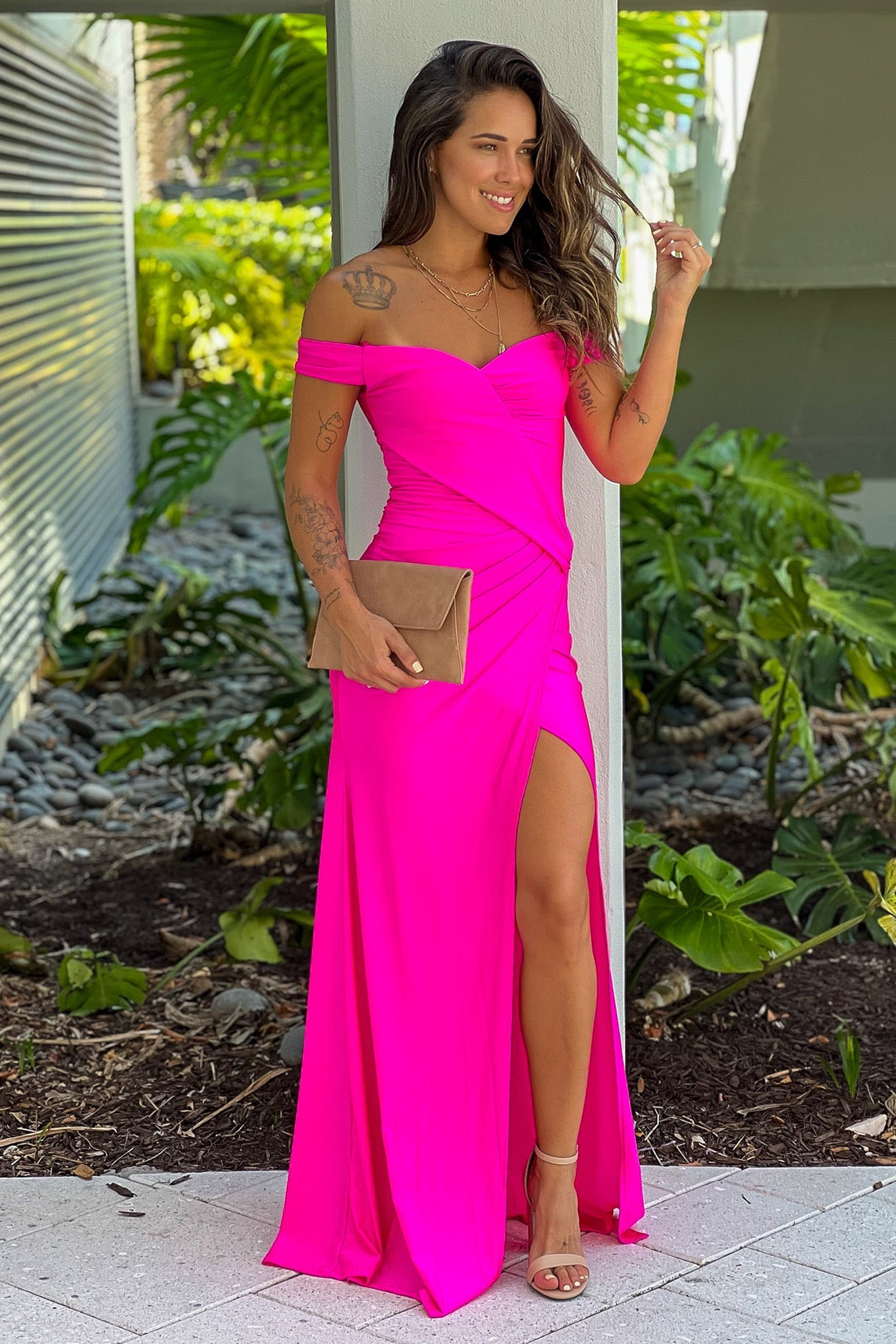 Hot Pink Off Shoulder Maxi Dress With Slit