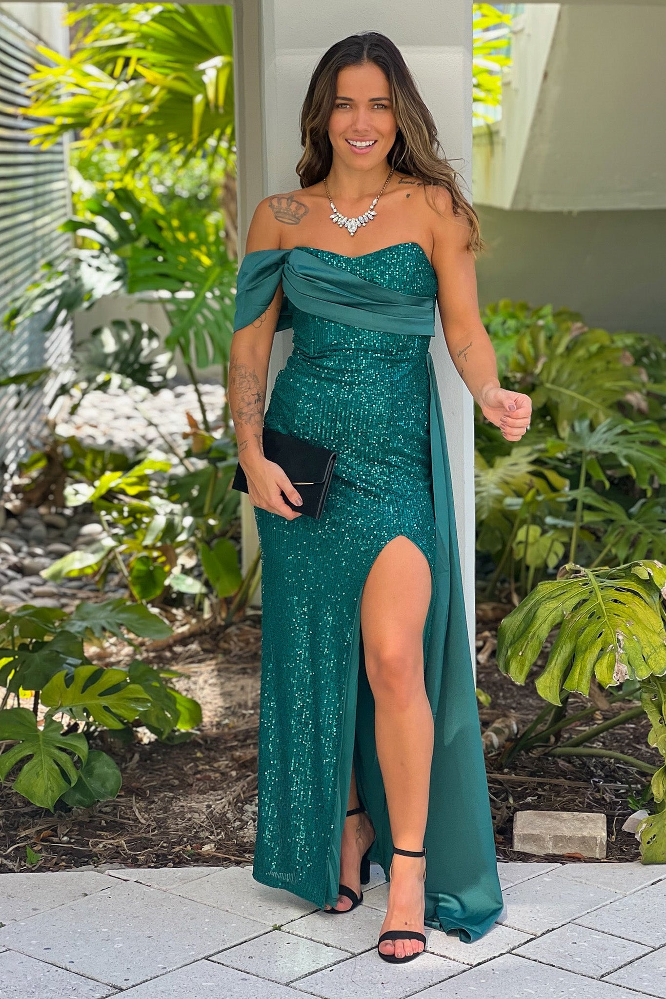 Hunter Green Sequin And Satin Off Shoulder Maxi Dress