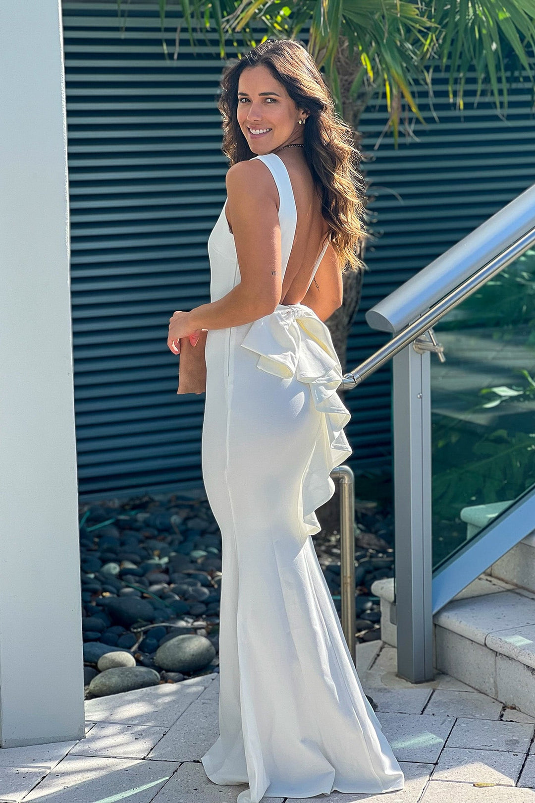 Ivory Maxi Dress With Open Back And Bow