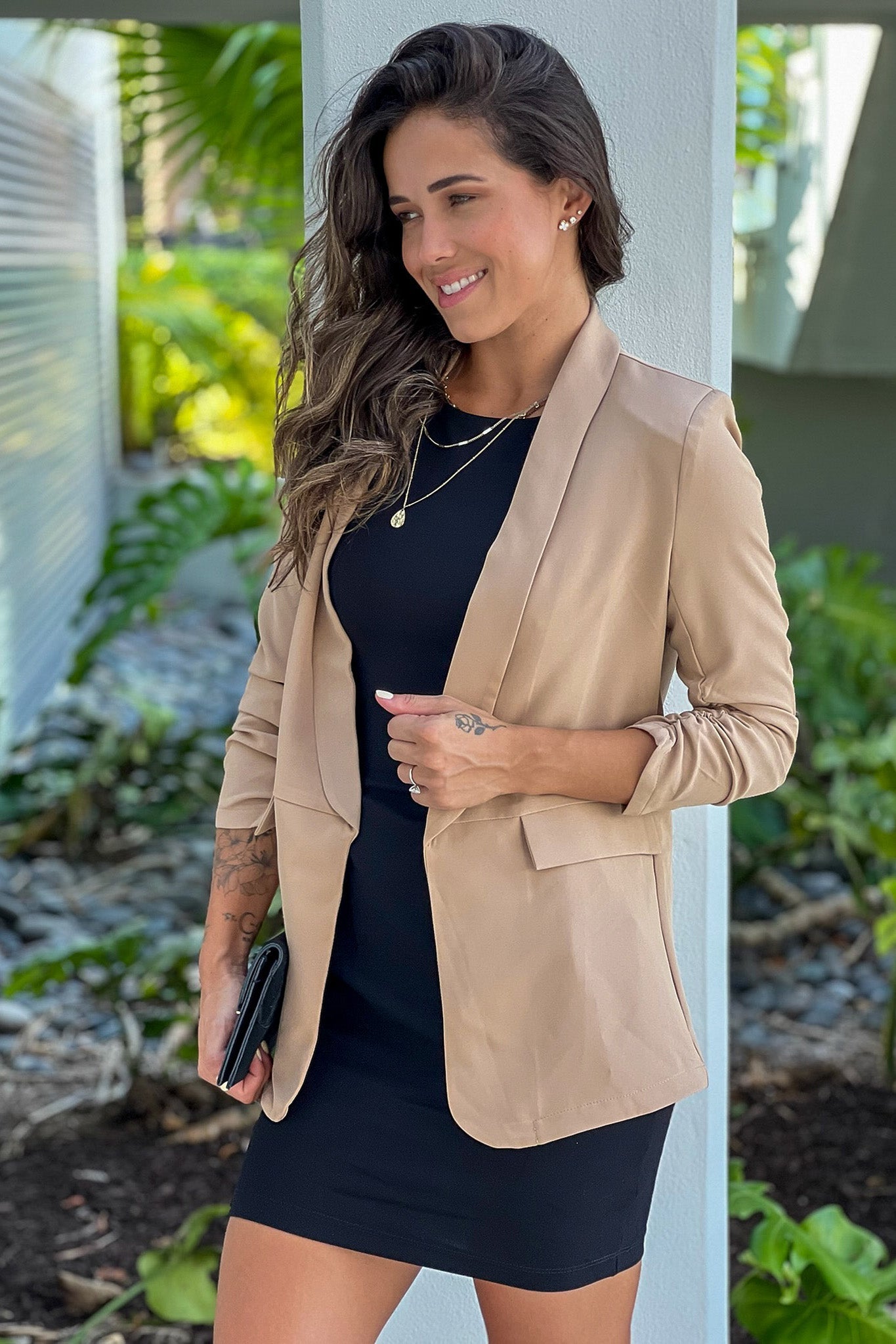 Khaki Ruched Sleeve Blazer