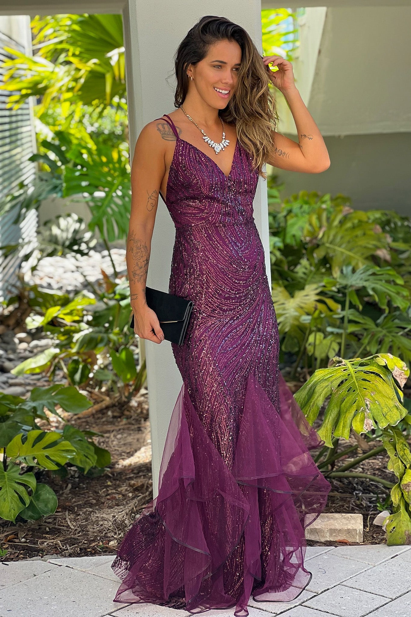 Robe longue marron pailletée