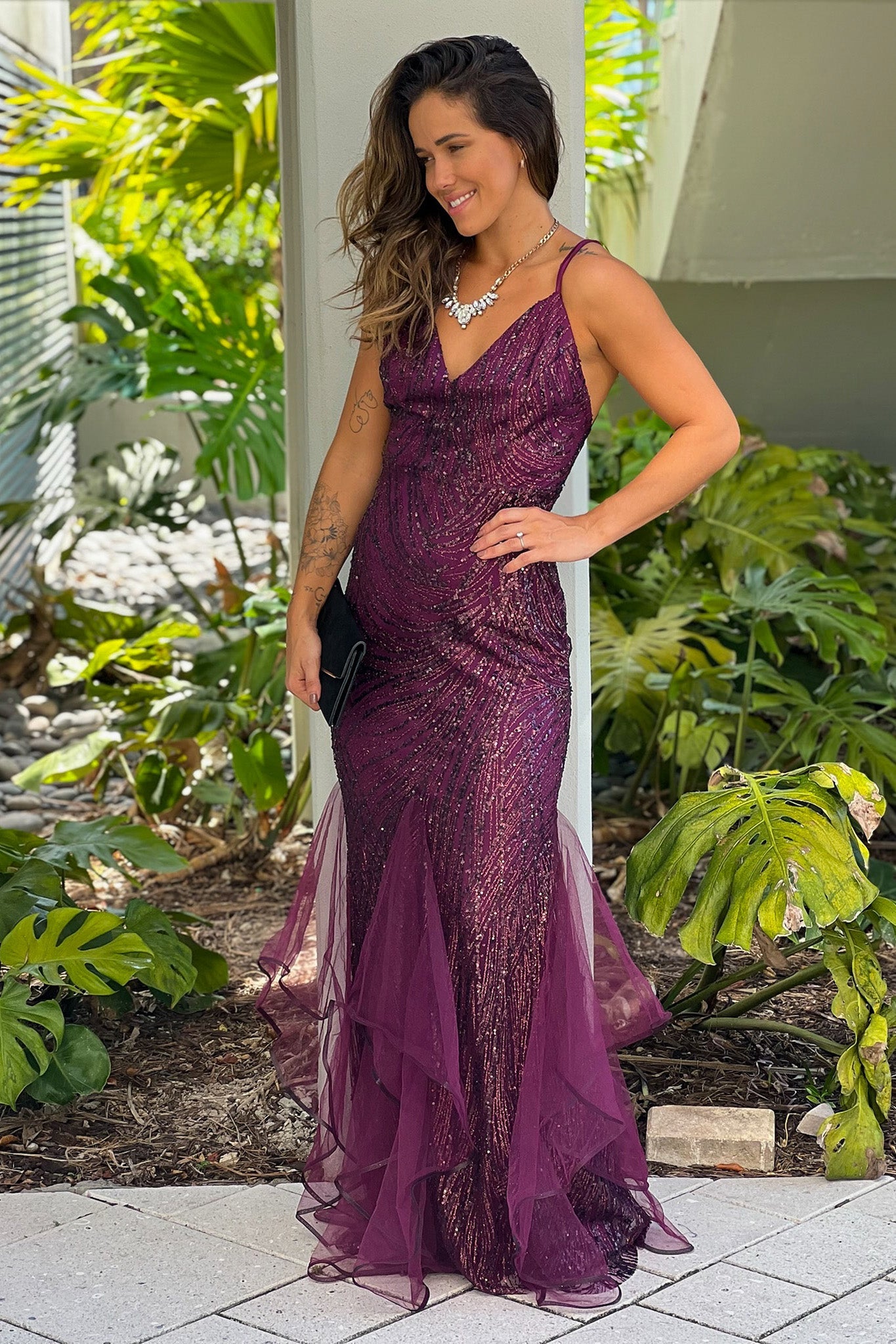 Robe longue marron pailletée