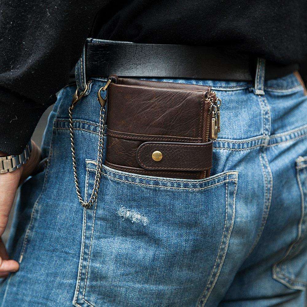 Men's Luxury Antimagnetic Cowhide Leather Chain Wallet