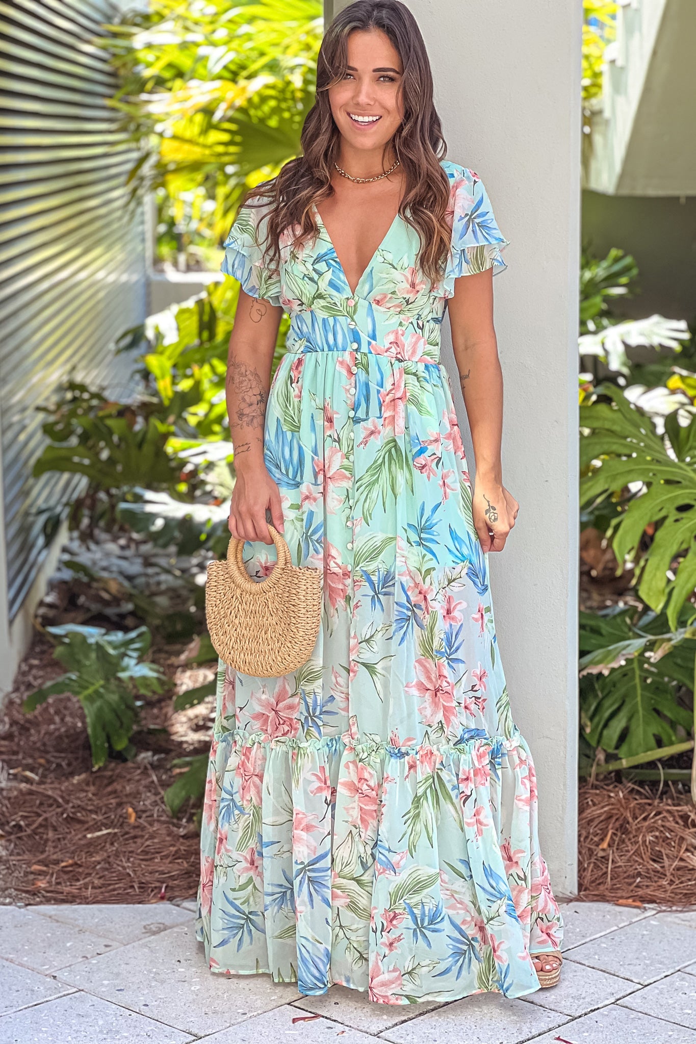 Mint Floral V-Neck Maxi Dress With Open Back