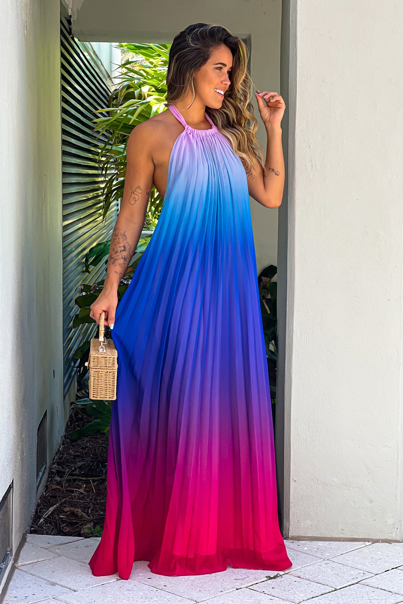 Pink And Purple Halter Neck Maxi Dress