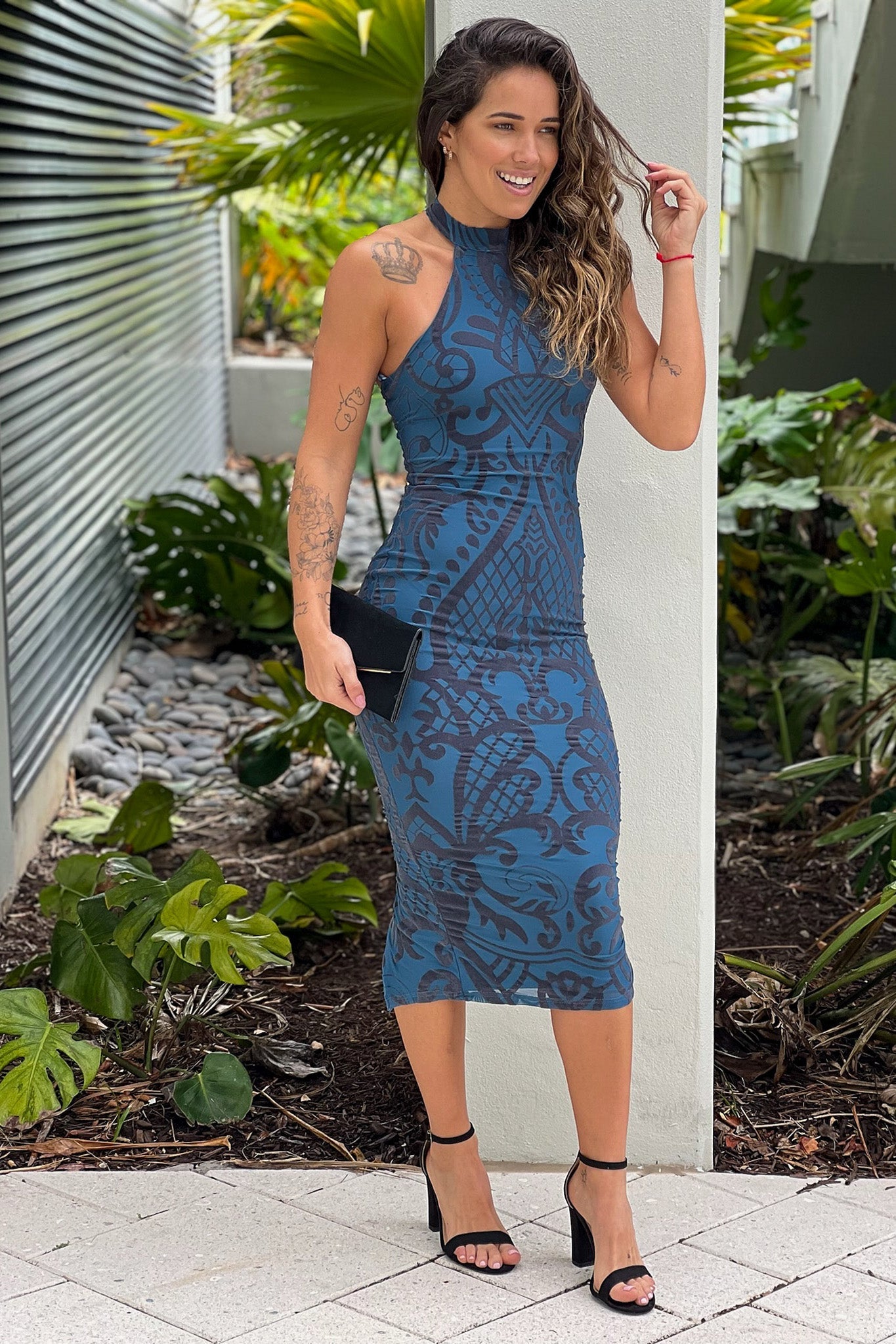 Navy And Black Velvet Halter Neck Midi Dress