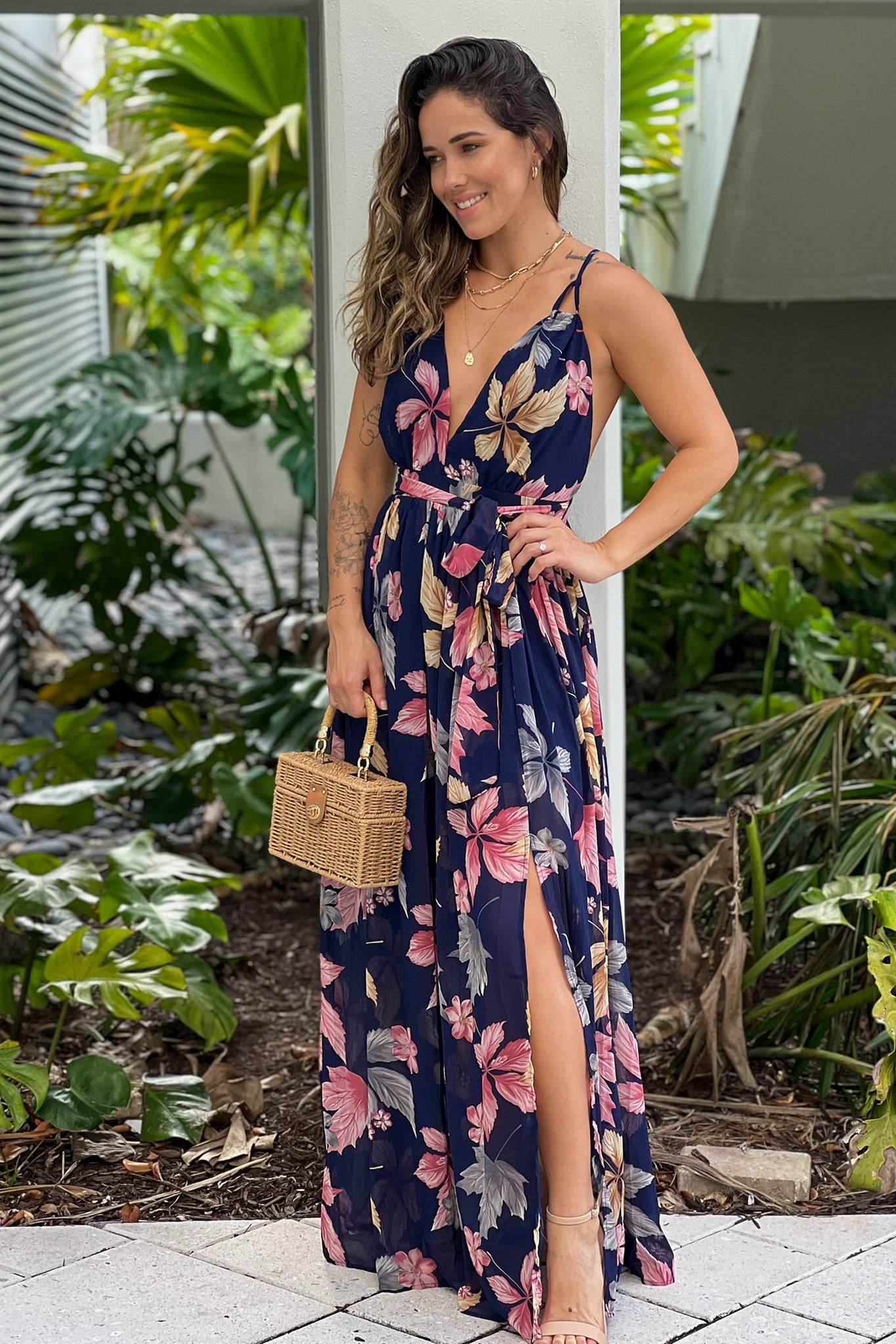 Navy Printed Maxi Dress With Slit