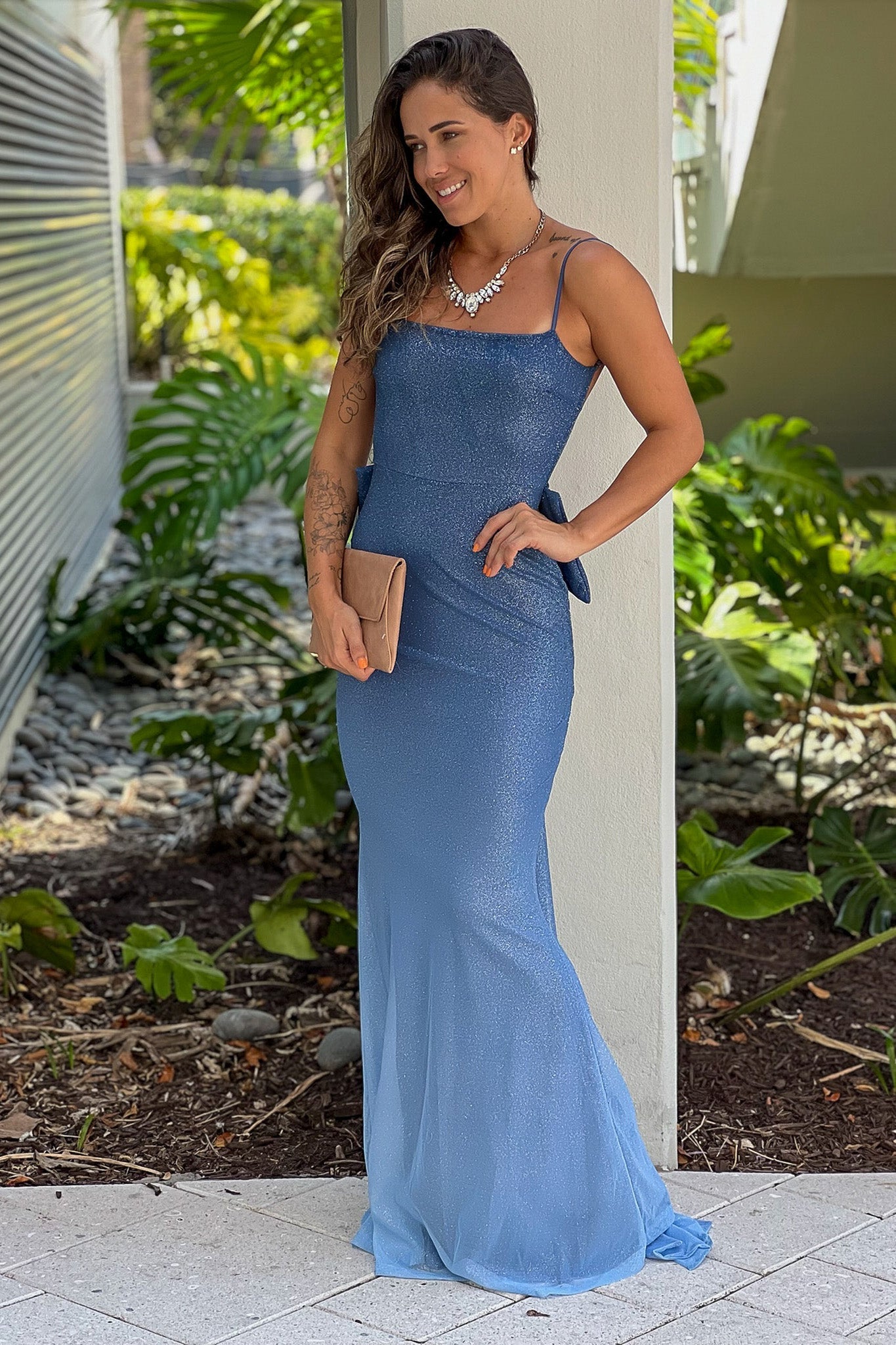 Navy Ombre Glitter Maxi Dress With Back Bow