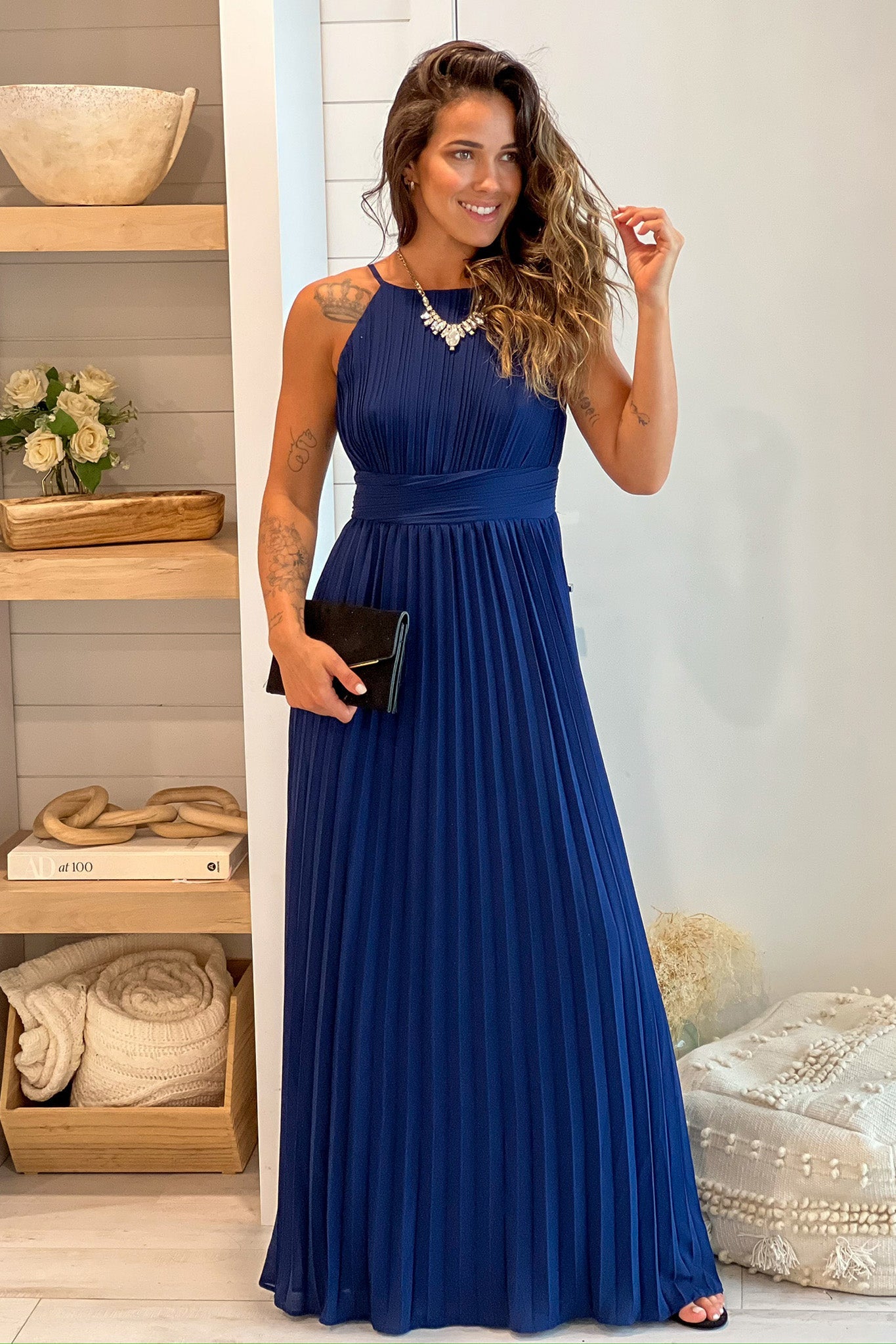 Navy Pleated Maxi Dress