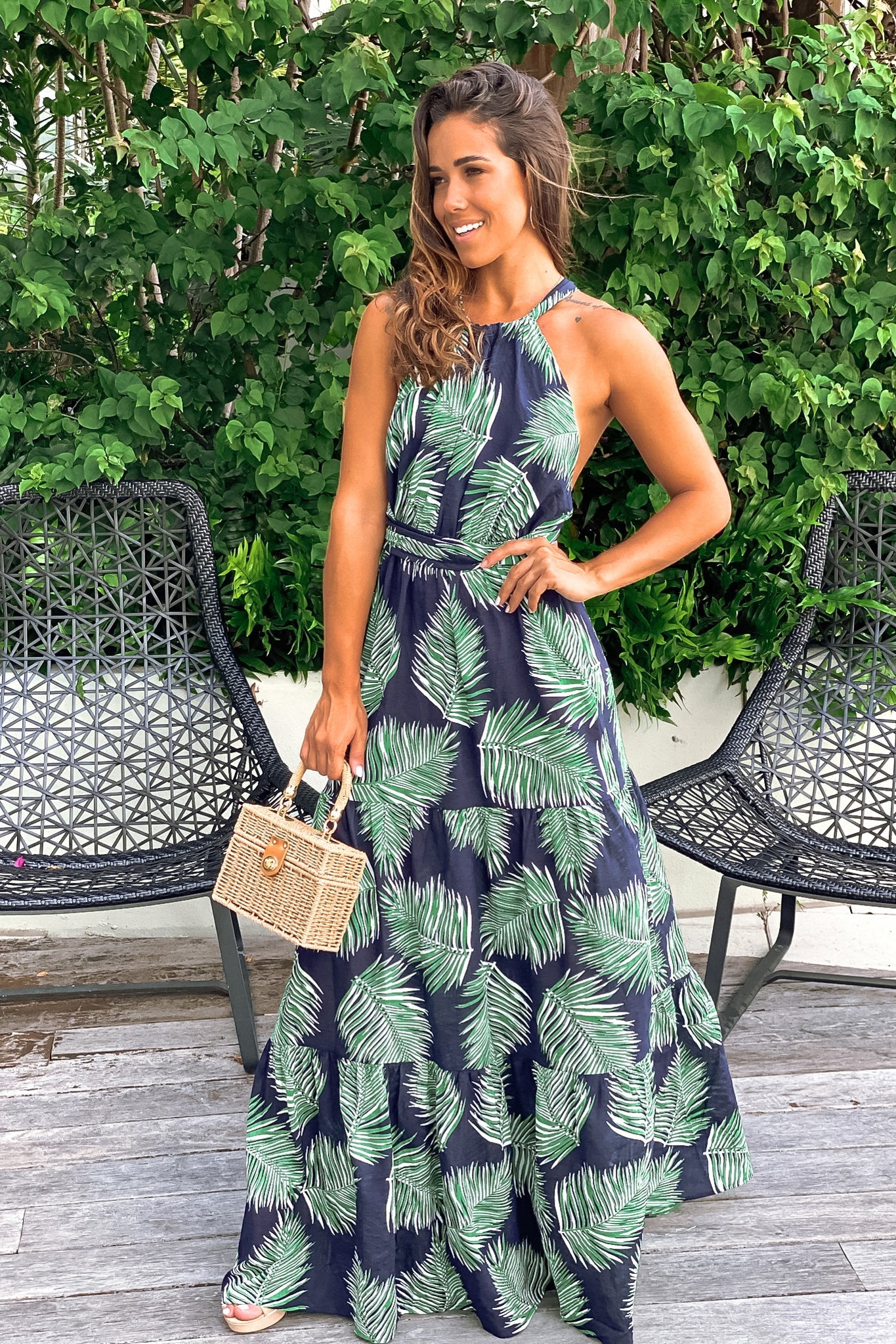 Navy Tropical Maxi Dress With Open Back