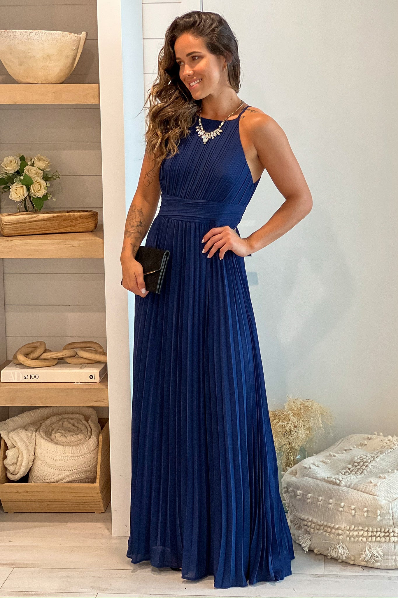 Navy Pleated Maxi Dress