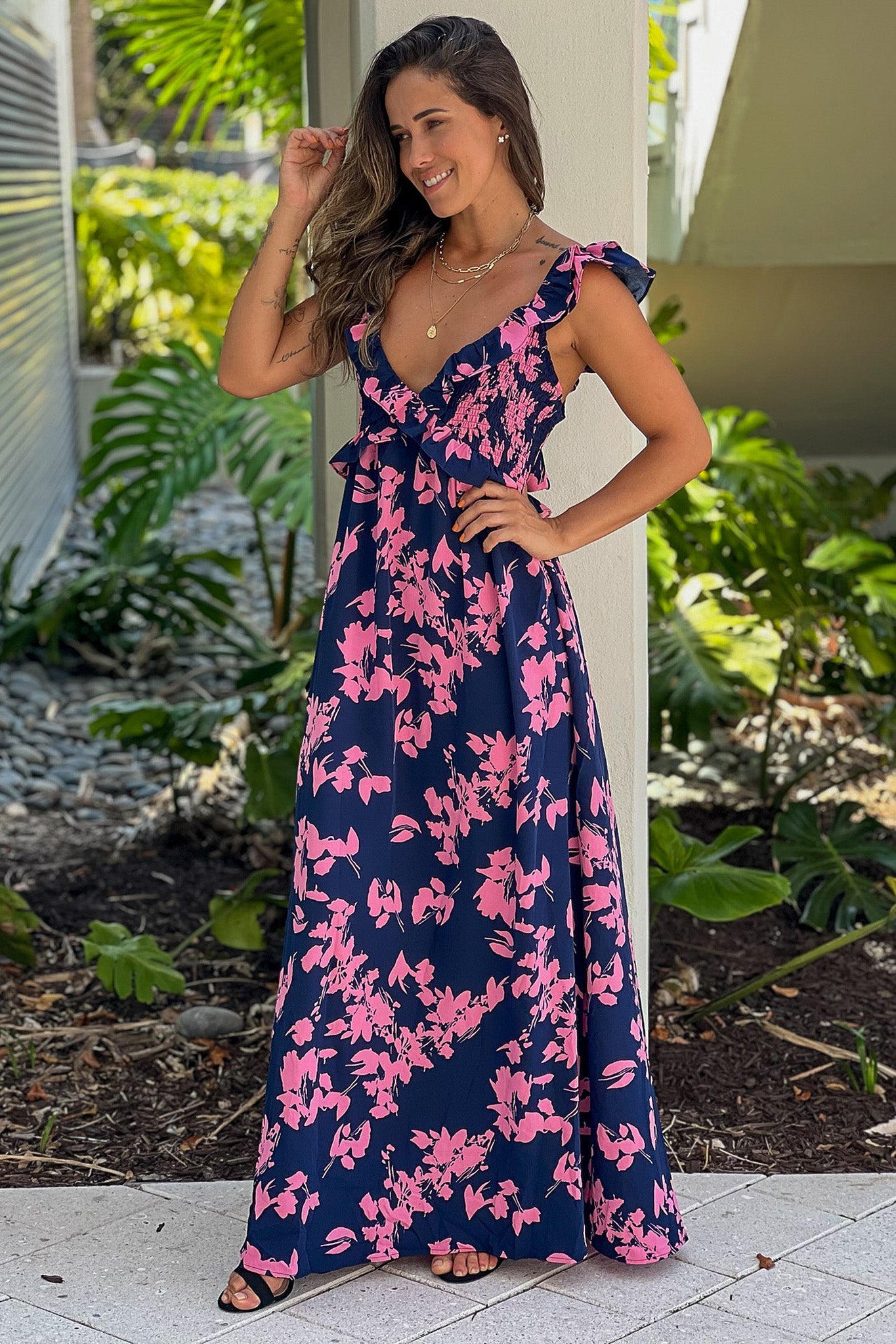 Navy Printed Ruffled Top Maxi Dress