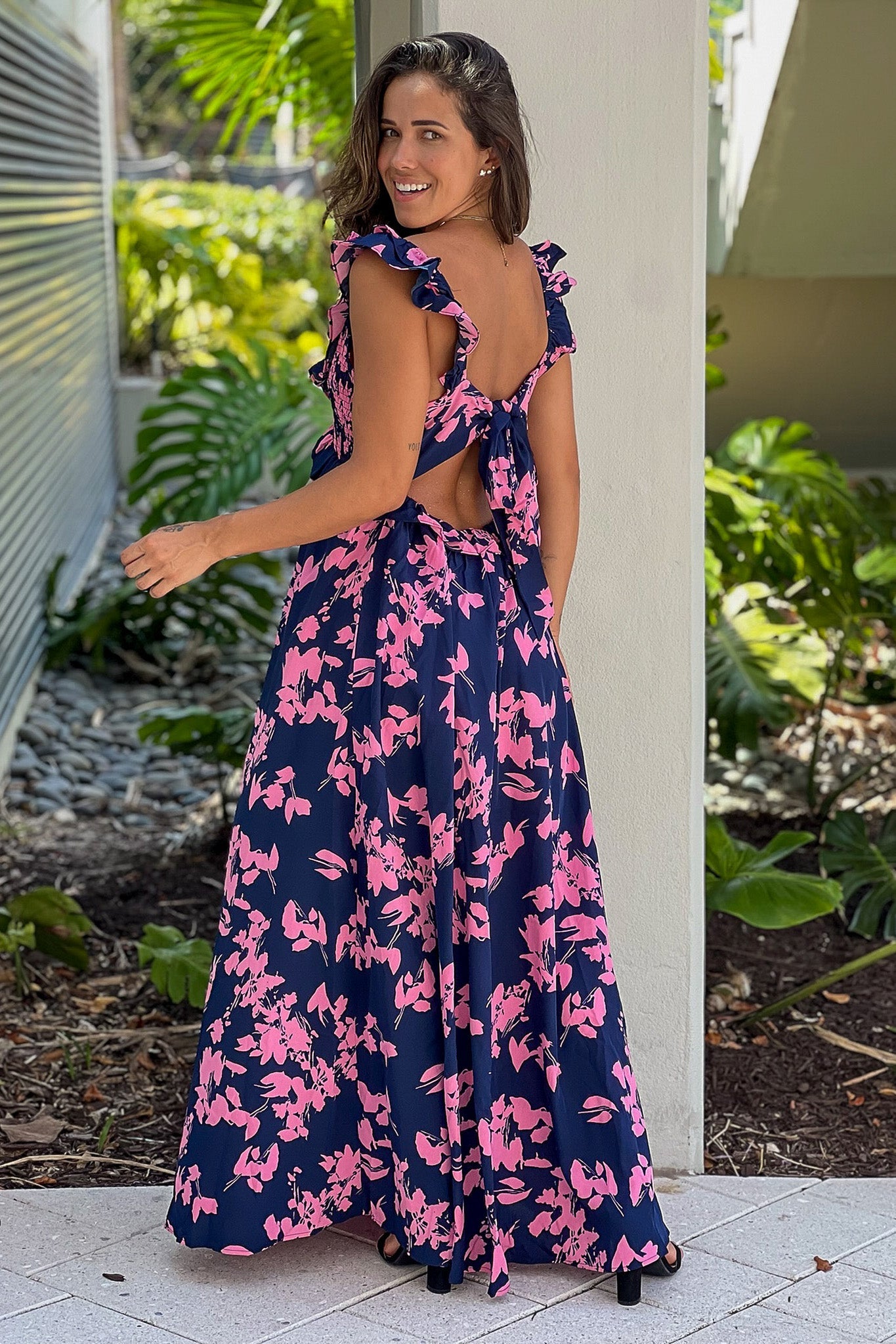 Navy Printed Ruffled Top Maxi Dress