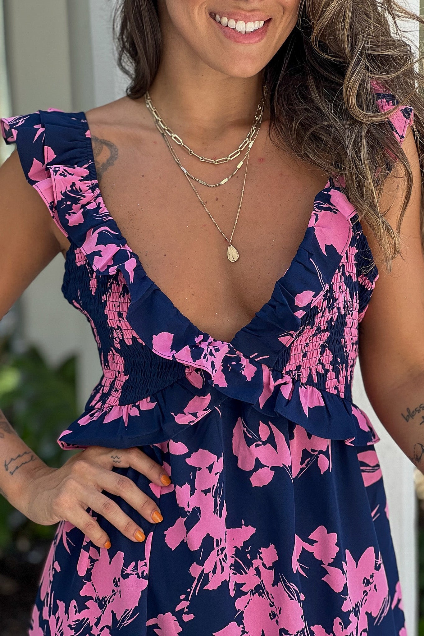 Navy Printed Ruffled Top Maxi Dress