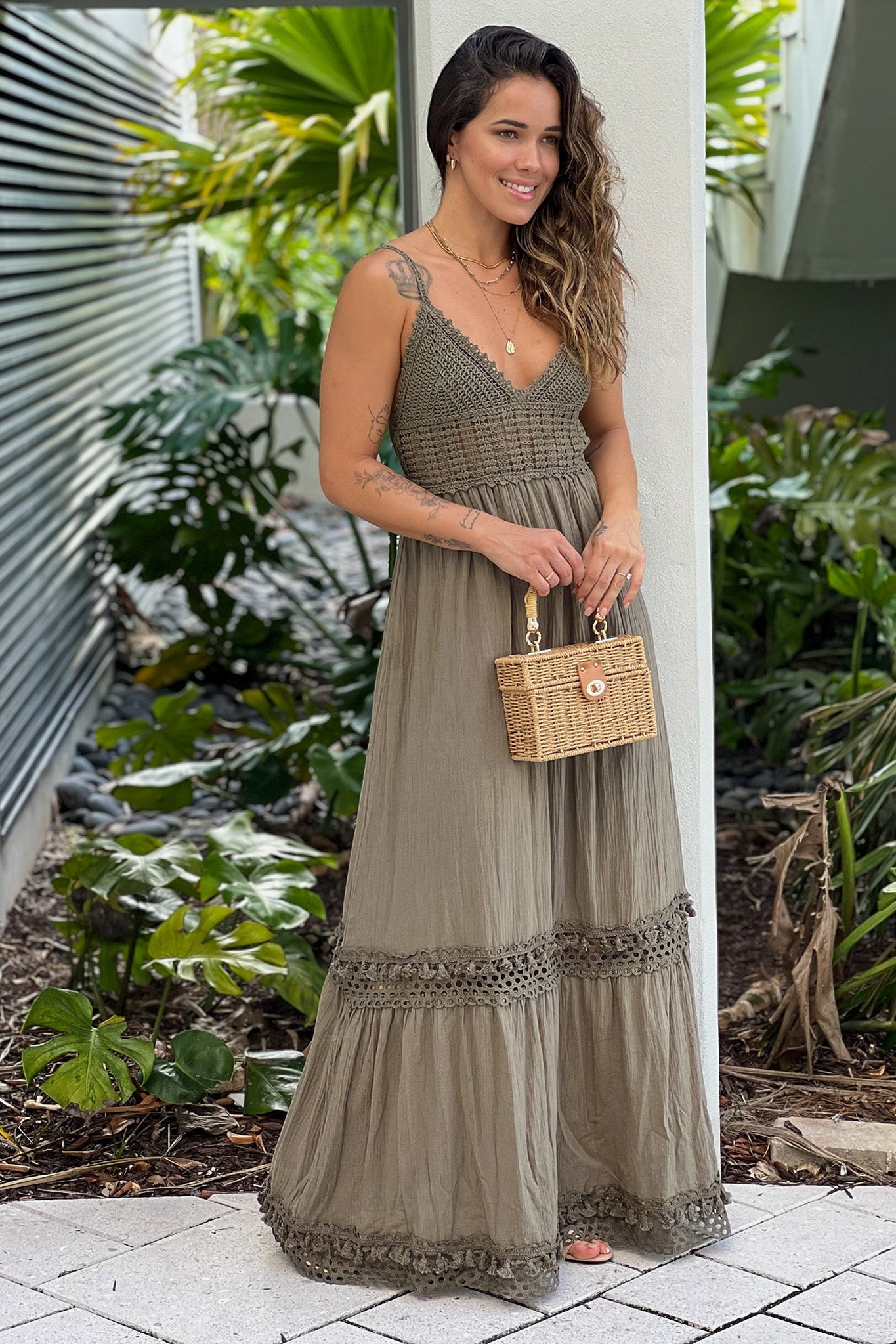 Olive Maxi Dress With Crochet Top