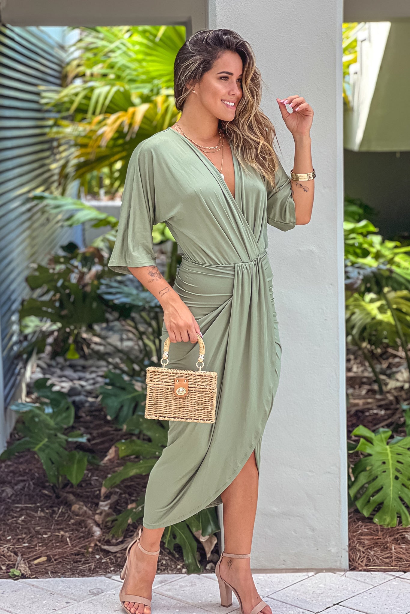 Olive Ruched Dress