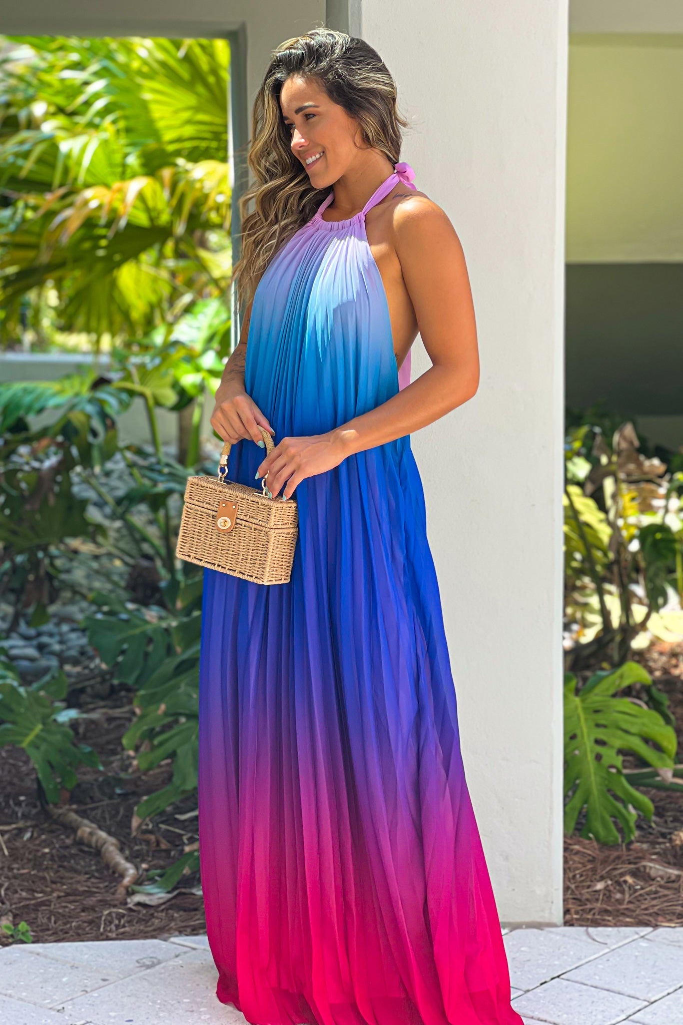 Pink And Purple Halter Neck Maxi Dress