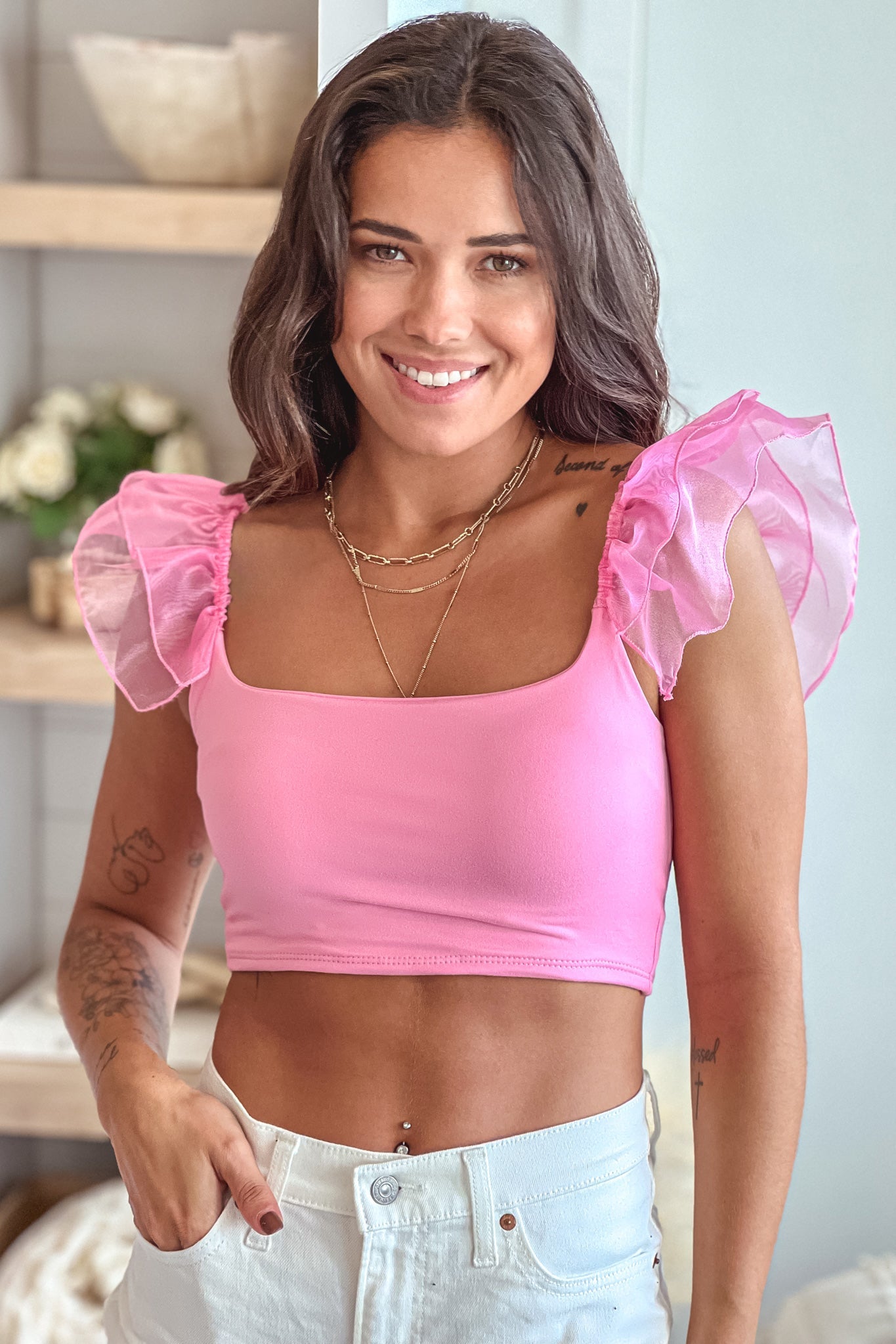 Pink Organza Mesh Ruffle Sleeve Crop Top