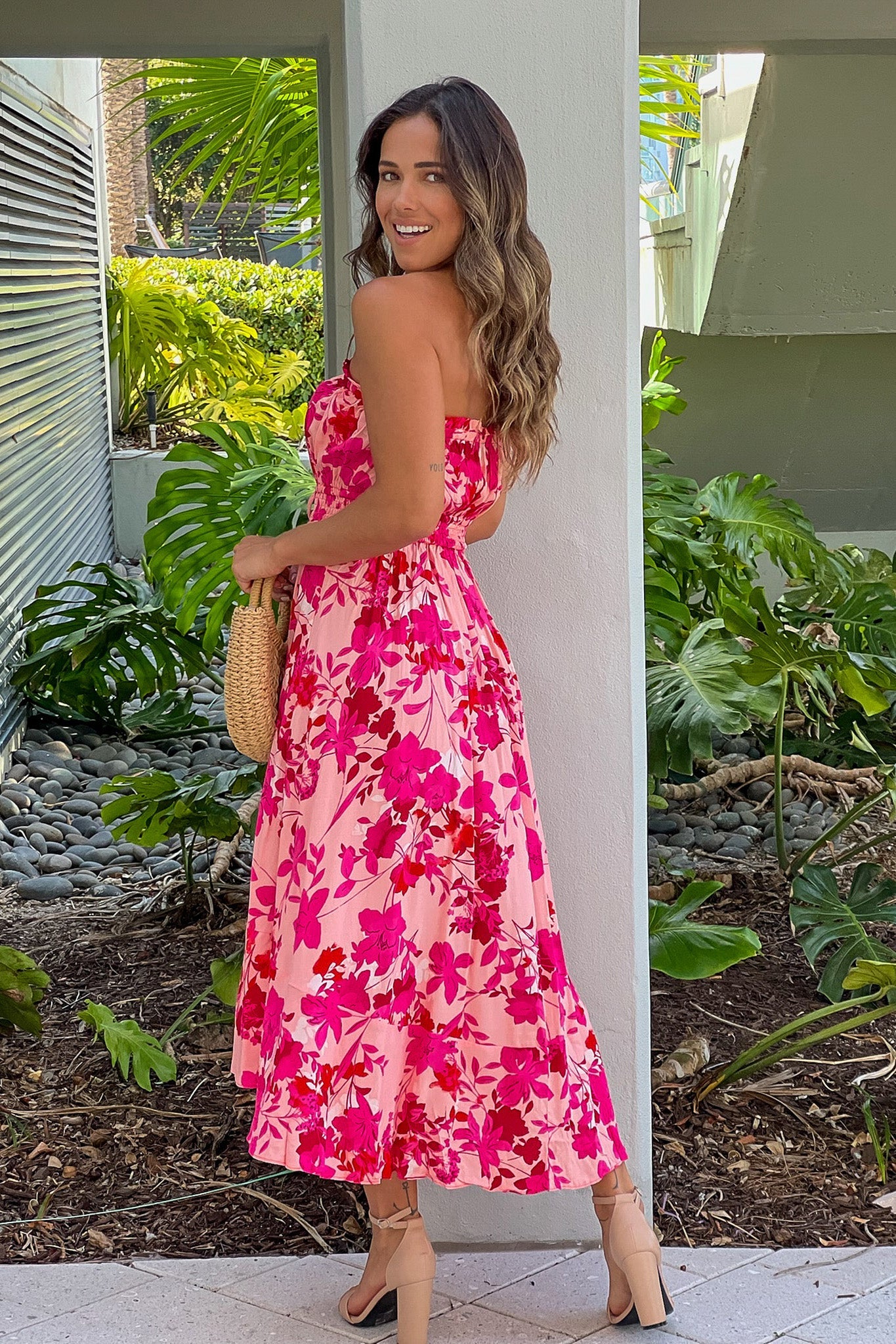 Pink Floral Print High Low Dress