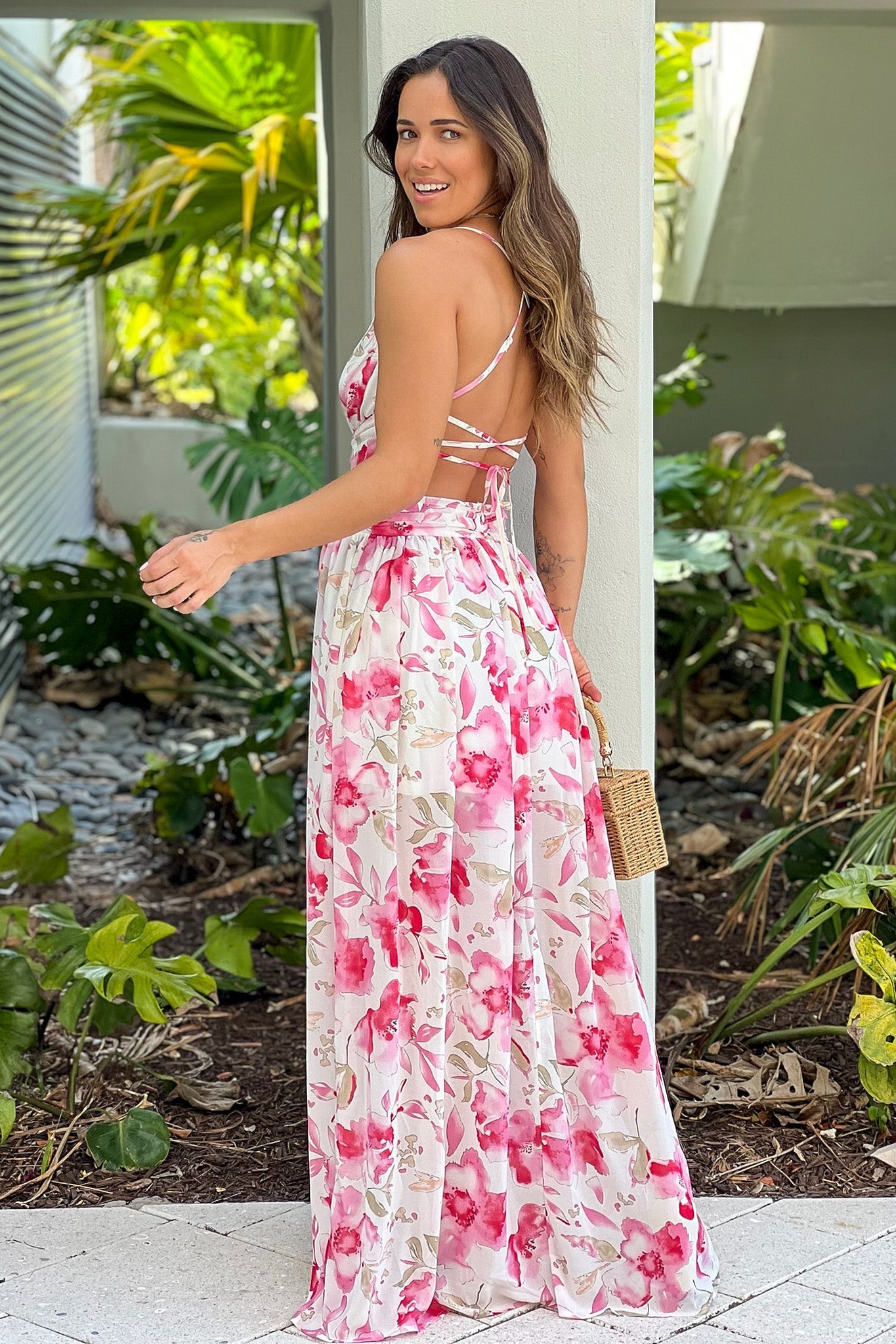 Pink Floral Maxi Dress With Cut Outs And Slit