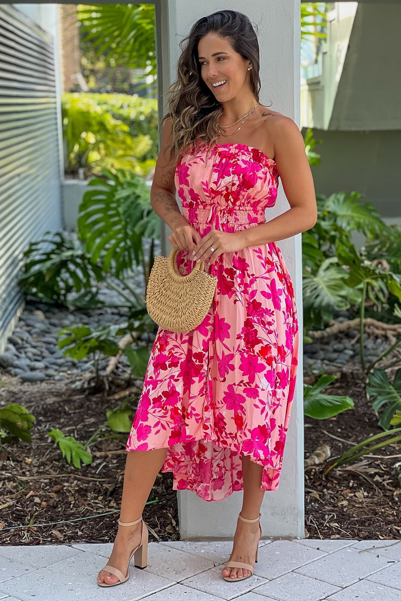 Pink Floral Print High Low Dress