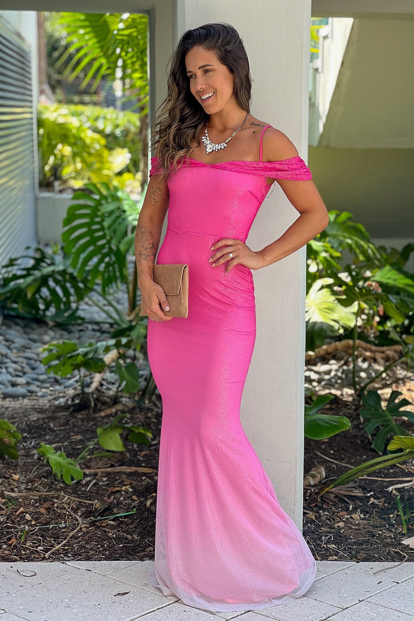 Pink Ombre Glitter Off Shoulder Maxi Dress