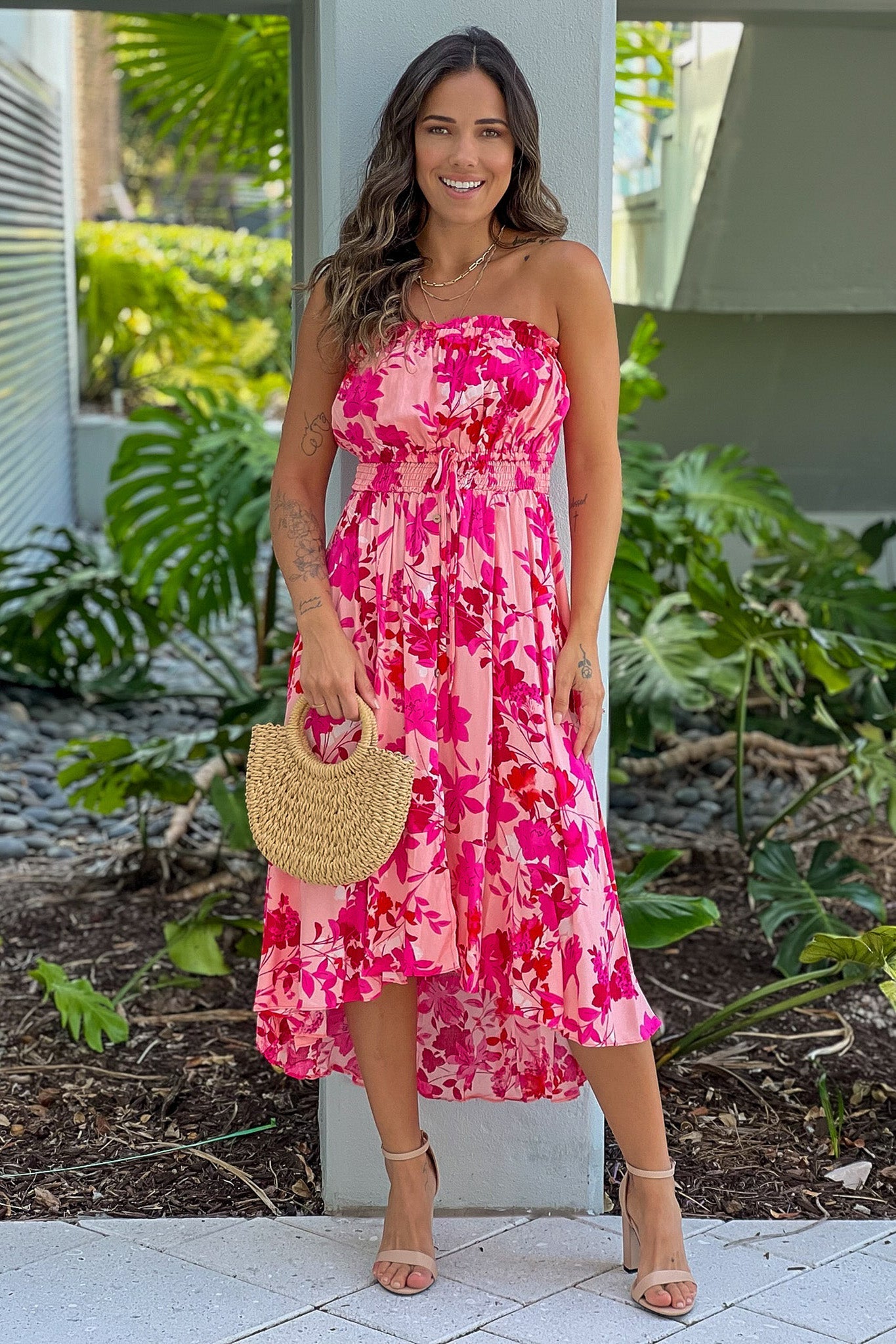 Pink Floral Print High Low Dress