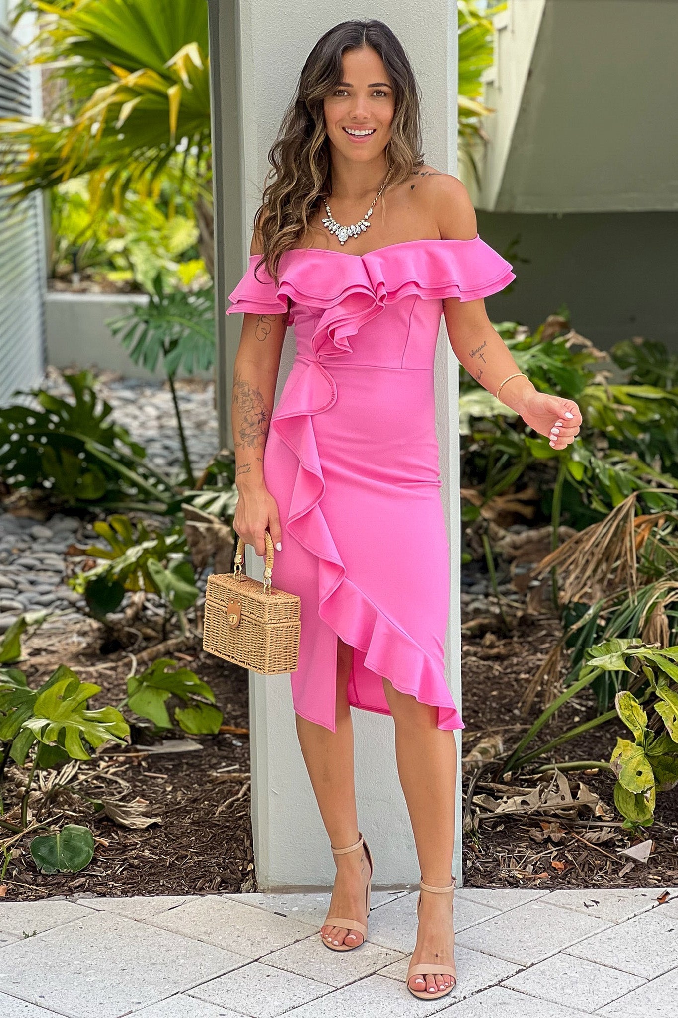 Pink Off Shoulder Ruffled Dress