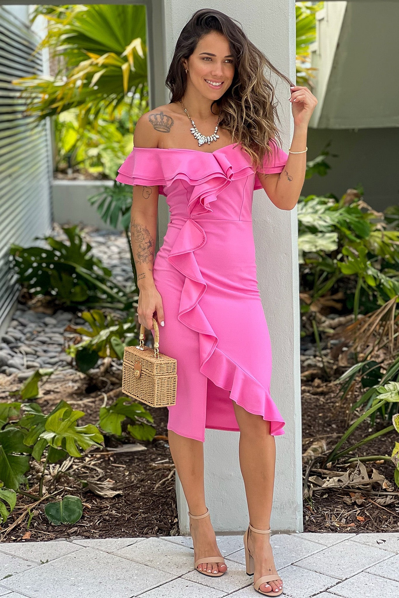 Pink Off Shoulder Ruffled Dress