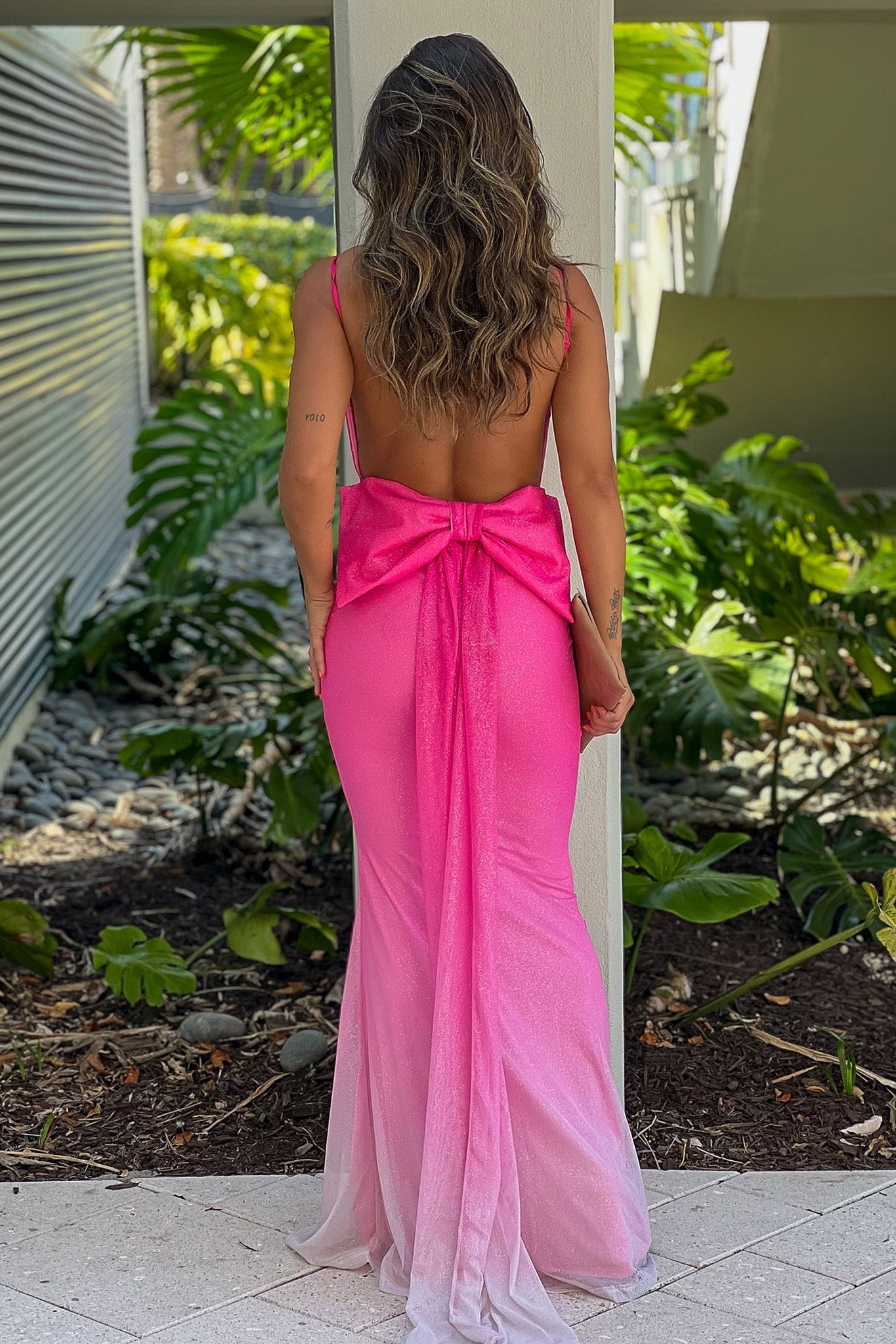 Pink Ombre Glitter Maxi Dress With Back Bow