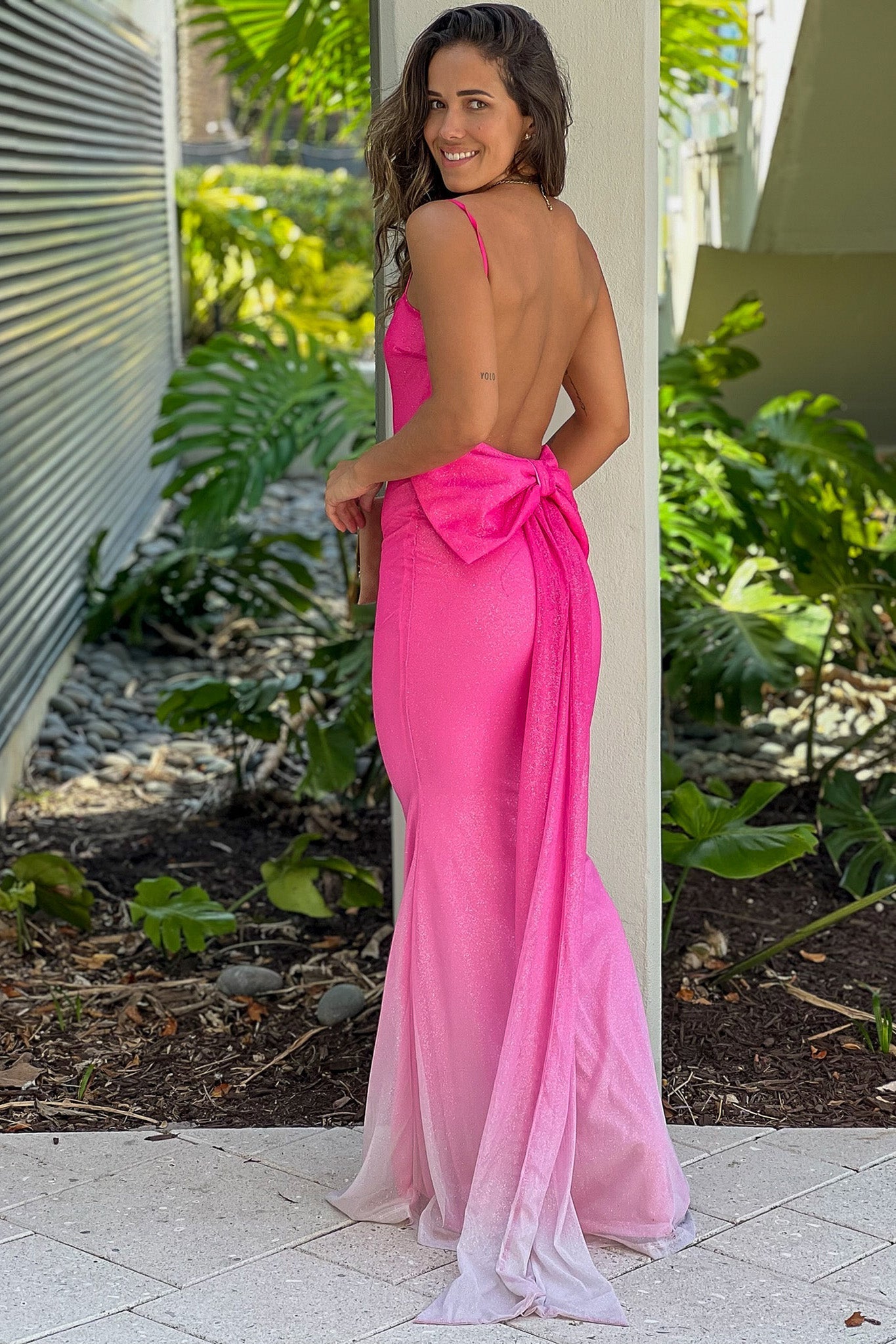 Pink Ombre Glitter Maxi Dress With Back Bow