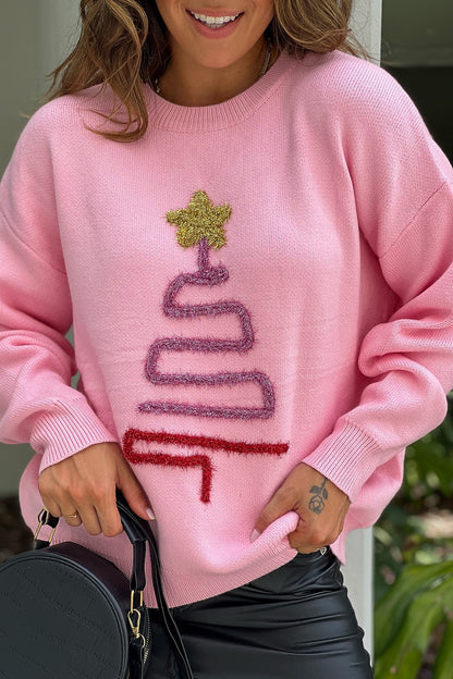 Pull rose scintillant en forme d'arbre de Noël