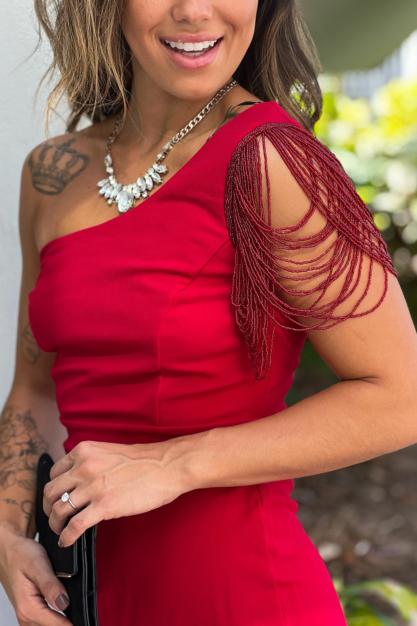 Red Beaded One Shoulder Maxi Dress