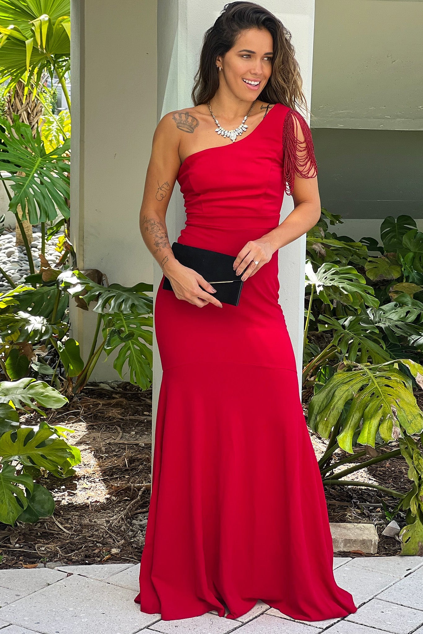 Red Beaded One Shoulder Maxi Dress