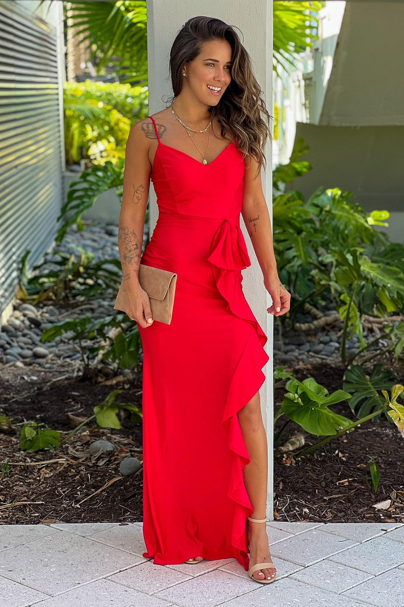 Red Maxi Dress With Ruffle Slit