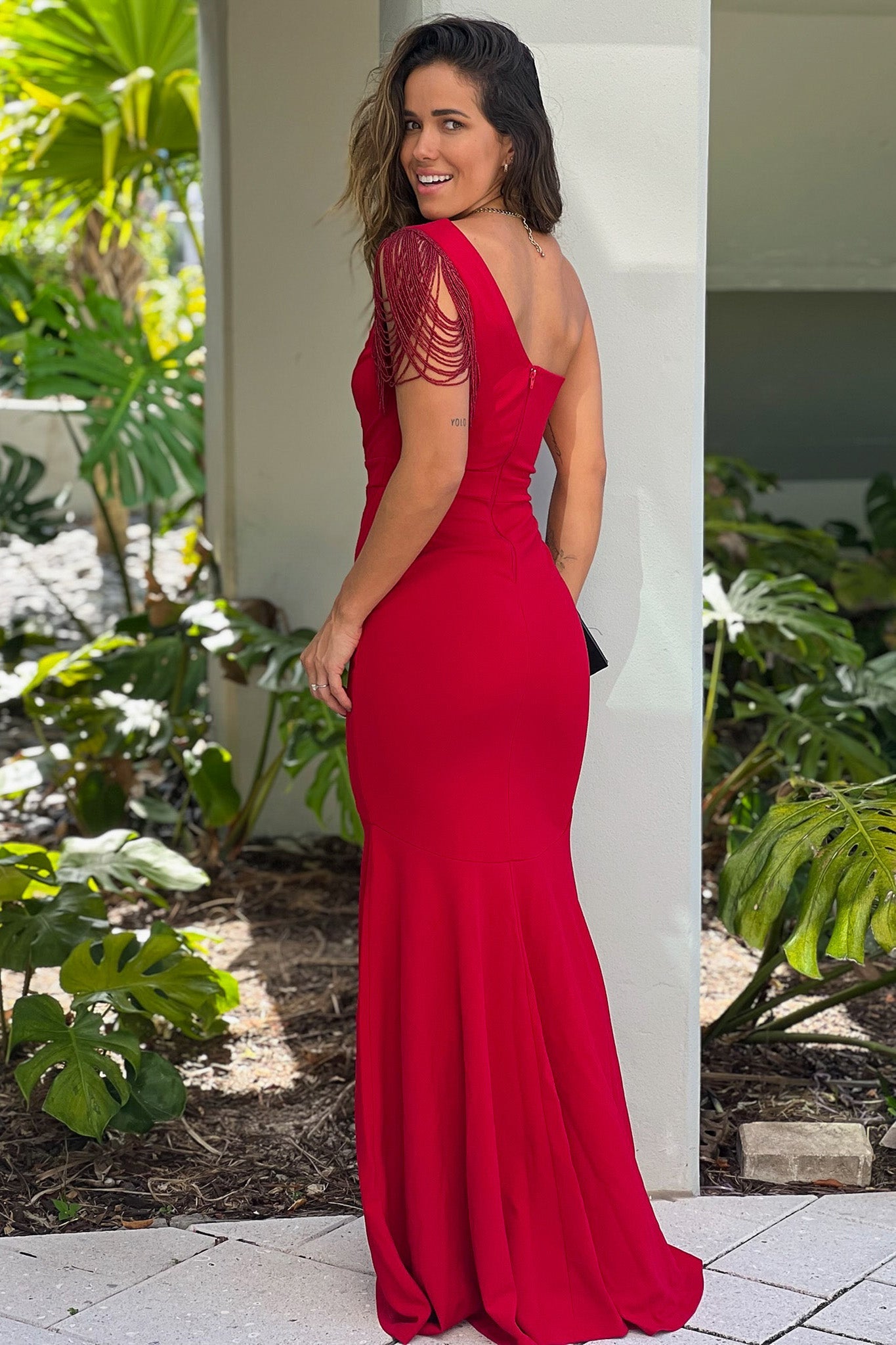 Red Beaded One Shoulder Maxi Dress