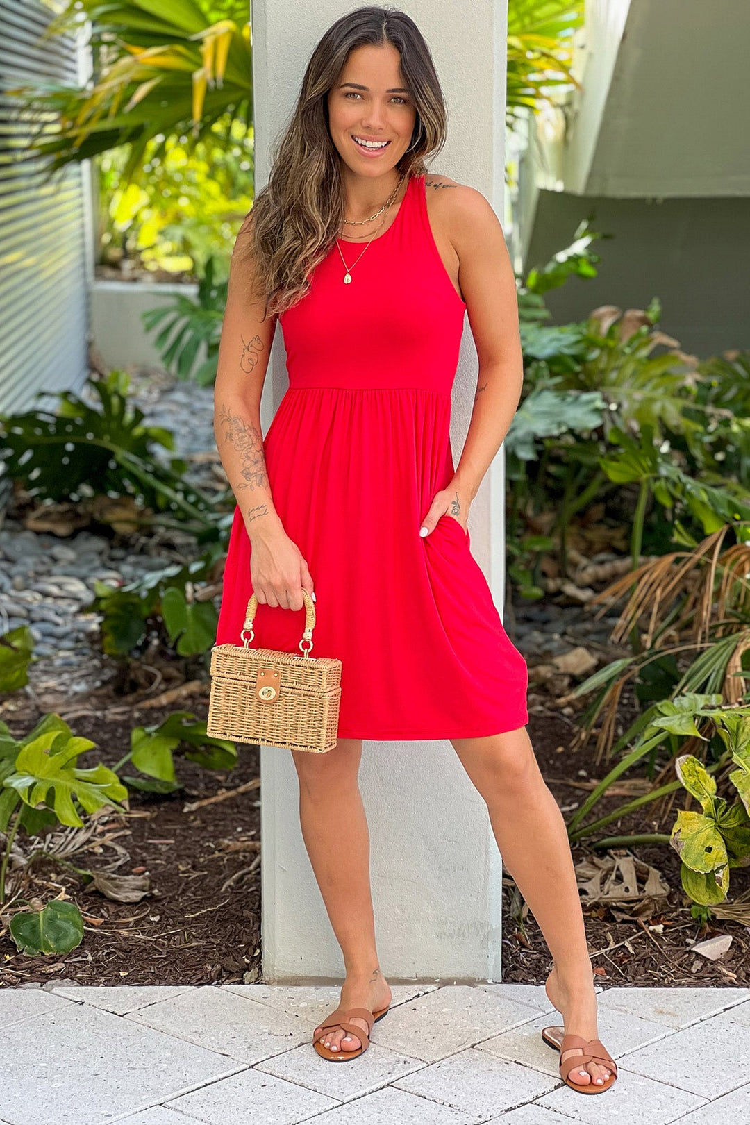 Red Racerback Short Dress with Pockets