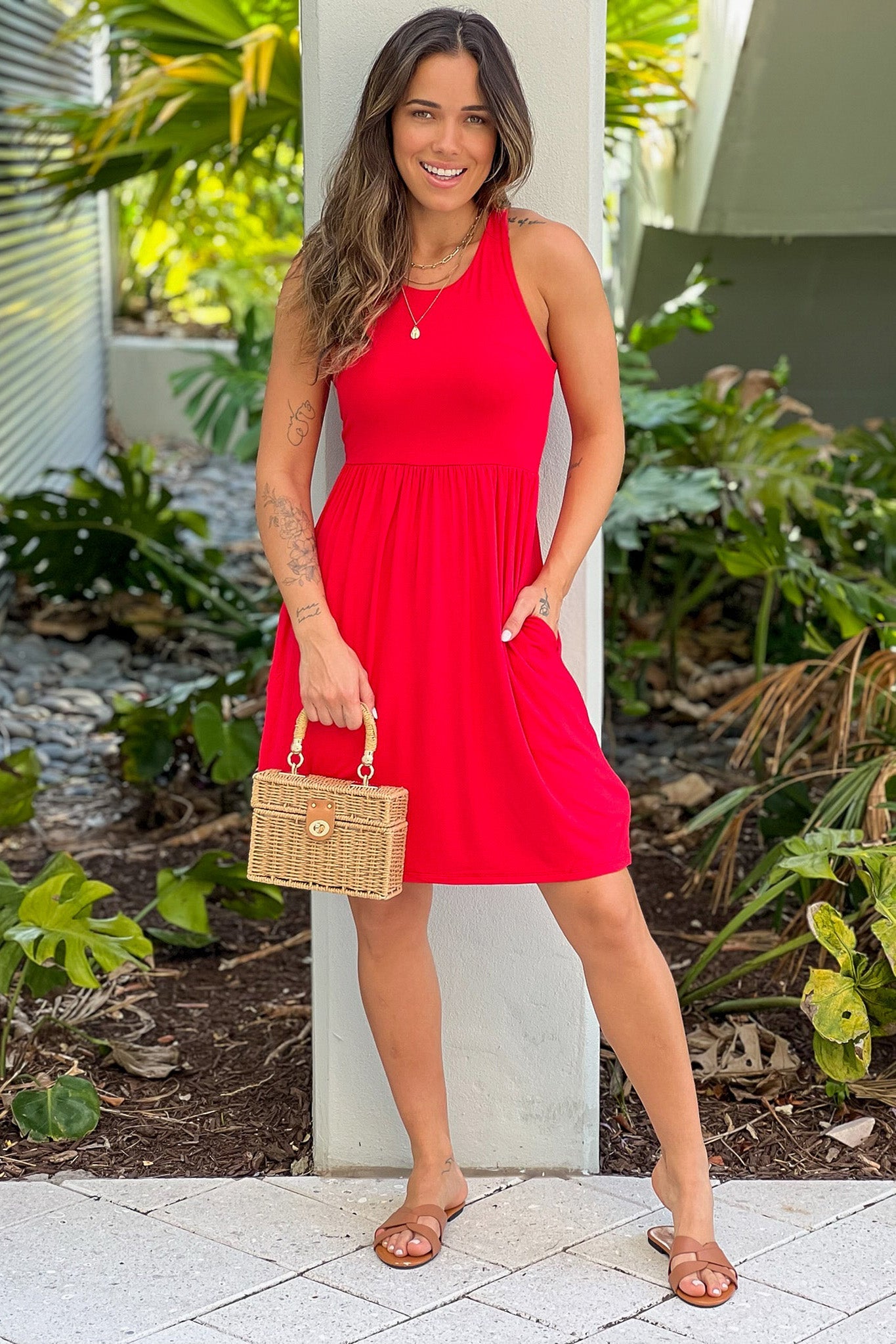 Red Racerback Short Dress with Pockets