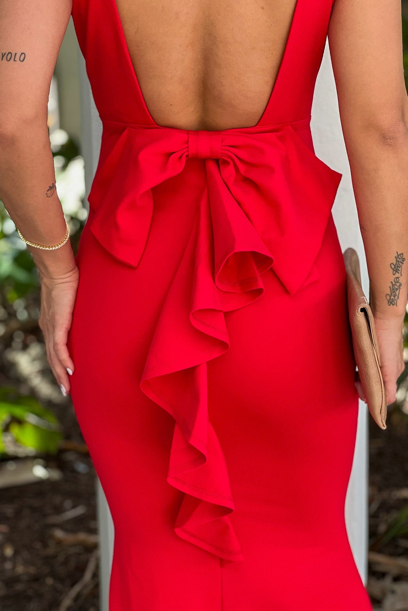 Red Maxi Dress With Open Back And Bow Detail