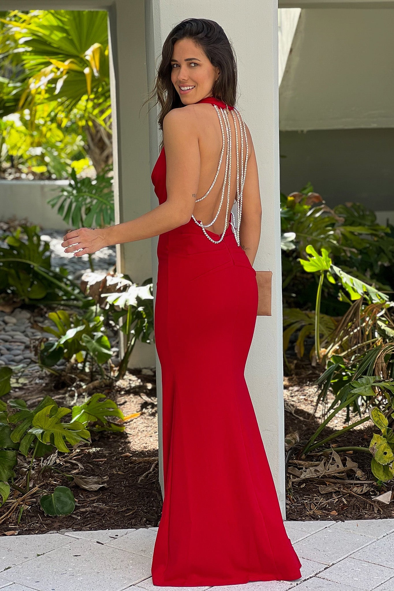 Red Maxi Dress With Rhinestone Multi Strap Back