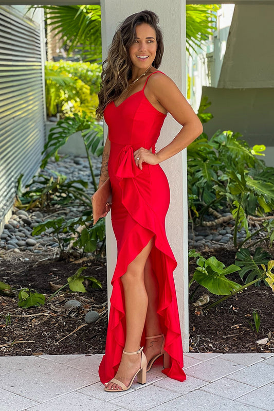 Red Maxi Dress With Ruffle Slit