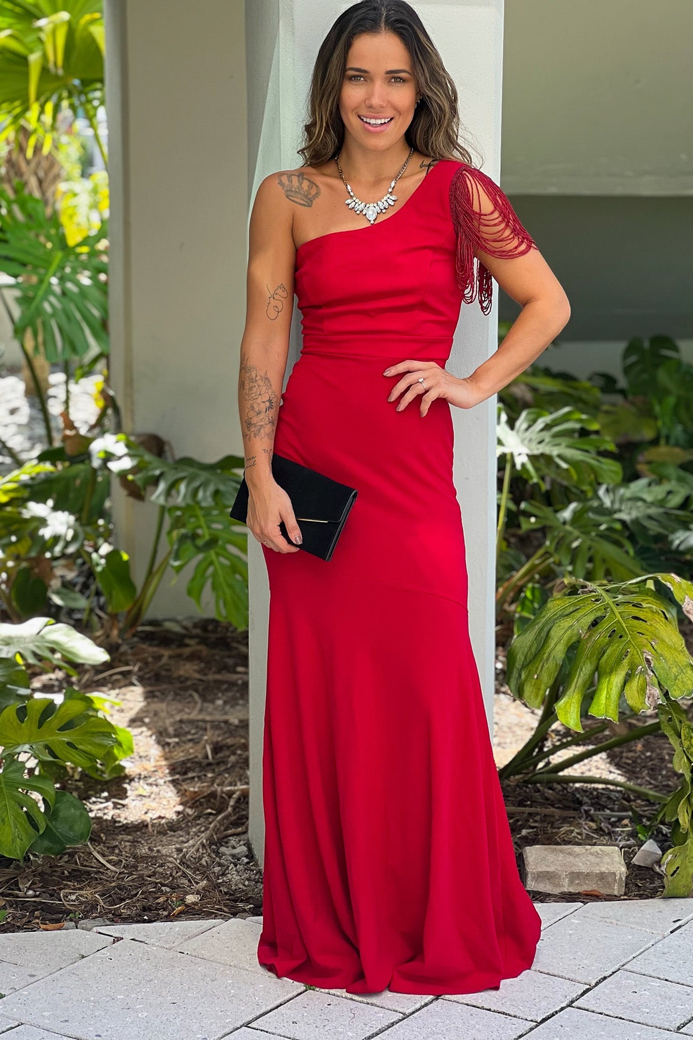 Red Beaded One Shoulder Maxi Dress